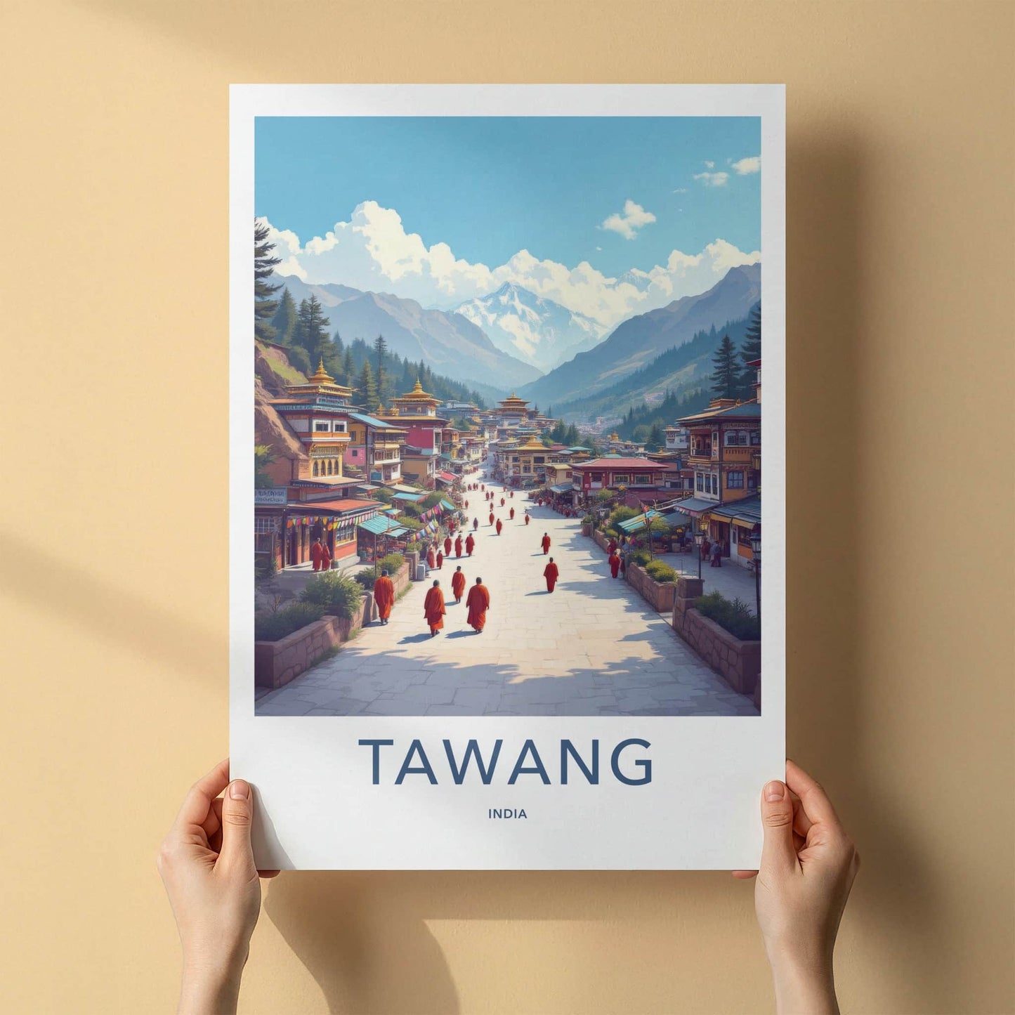 Tawang Poster - India Travel Art - Himalayan Town Monks Home Decor
