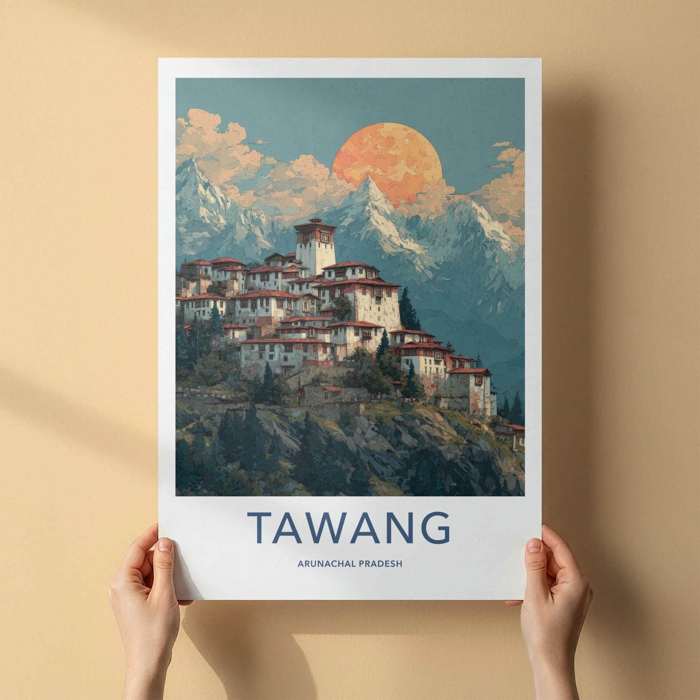 Tawang Poster - India Wall Art - Arunachal Pradesh Monastery Sunset Gift