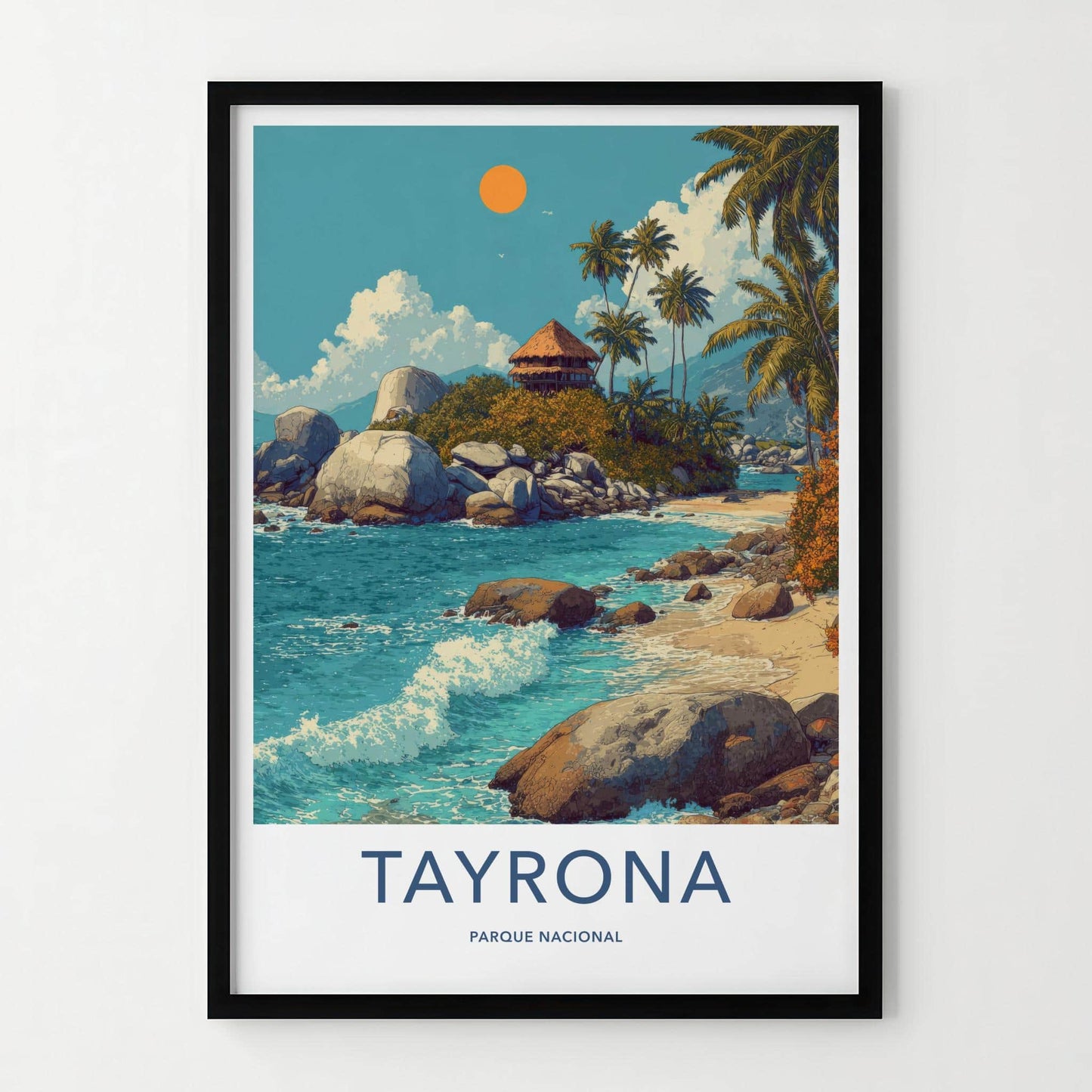 Tayrona Poster - Colombia Travel Art - Tropical Beach Hut Home Decor