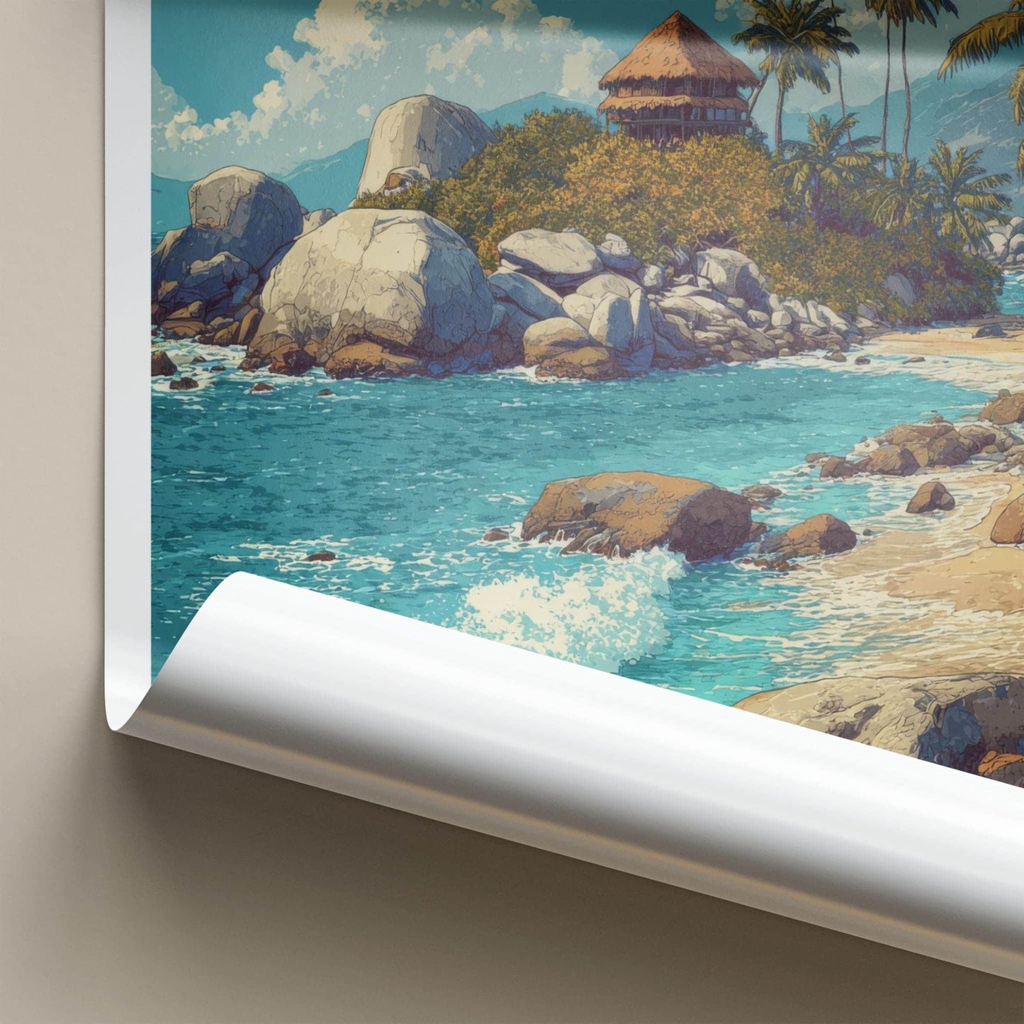 Tayrona Poster - Colombia Travel Art - Tropical Beach Hut Home Decor