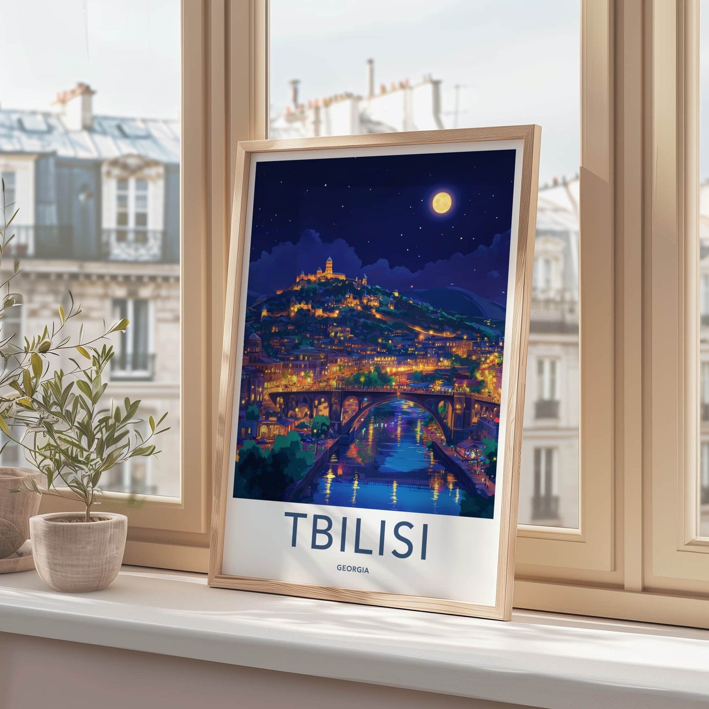 Tbilisi Poster - Georgia Travel Art - Moonlit Cityscape River Home Decor