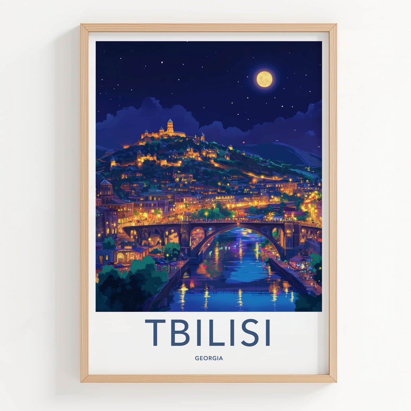 Tbilisi Poster - Georgia Travel Art - Moonlit Cityscape River Home Decor