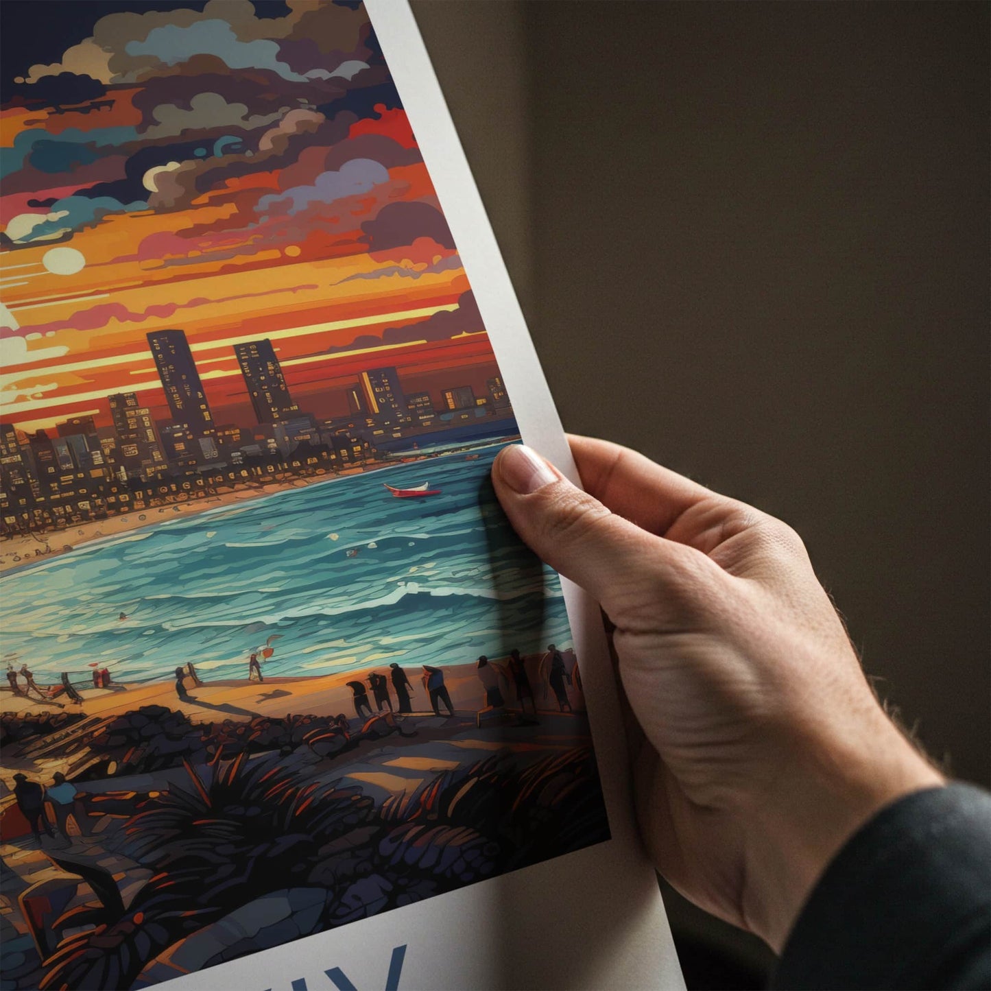 Tel Aviv Poster - Israel Travel Art - Beach Sunset Cityscape Wall Decor