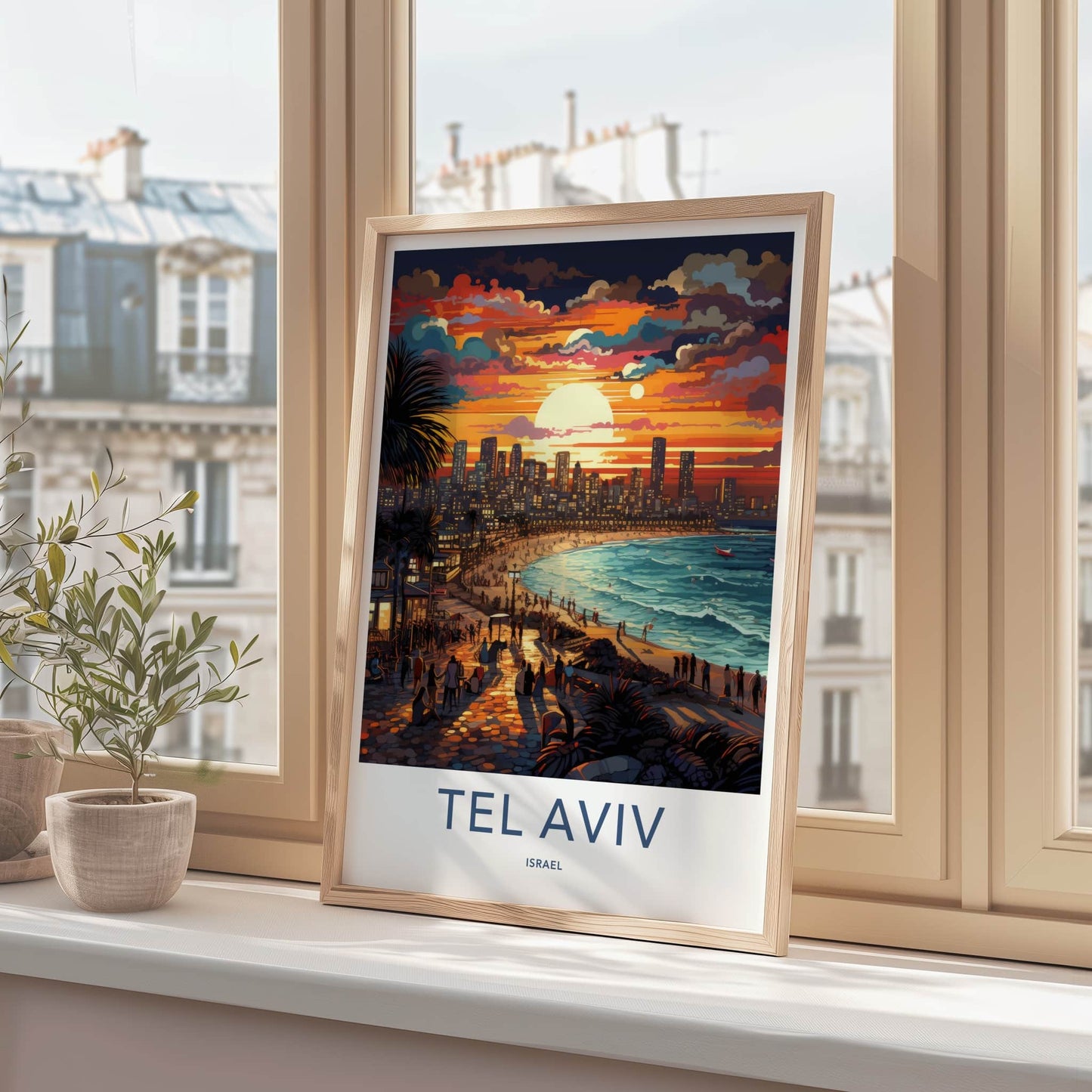 Tel Aviv Poster - Israel Travel Art - Beach Sunset Cityscape Wall Decor