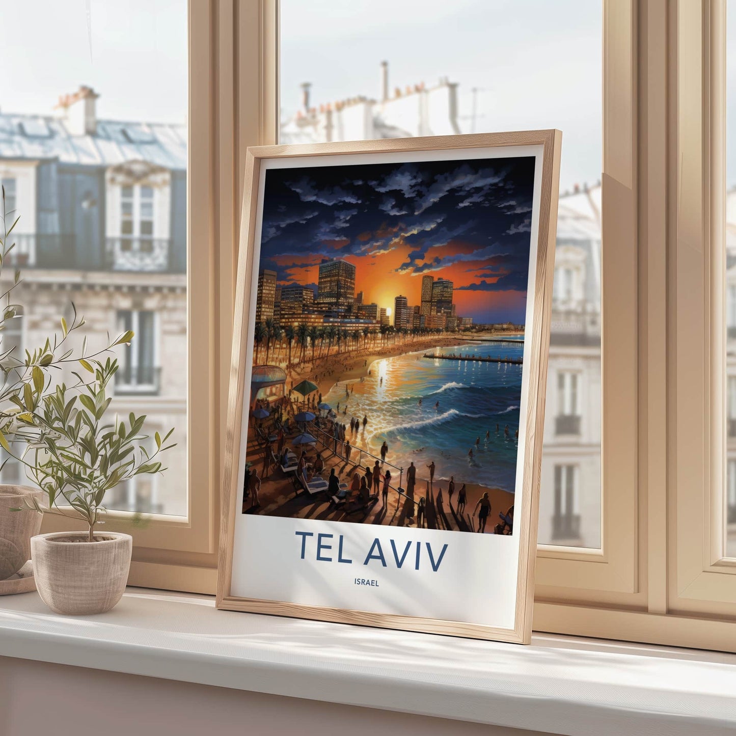 Tel Aviv Poster - Israel Travel Art - Beach Sunset Skyline Home Decor