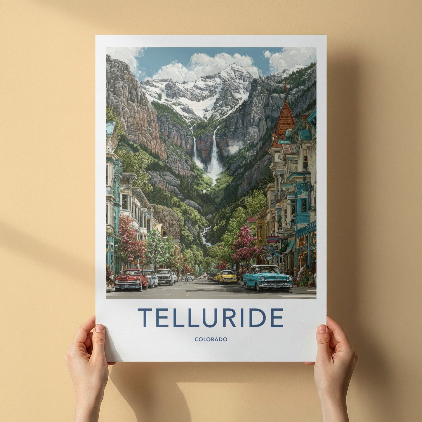 Telluride Poster - Colorado Travel Print - Mountain Waterfall Town Home Art