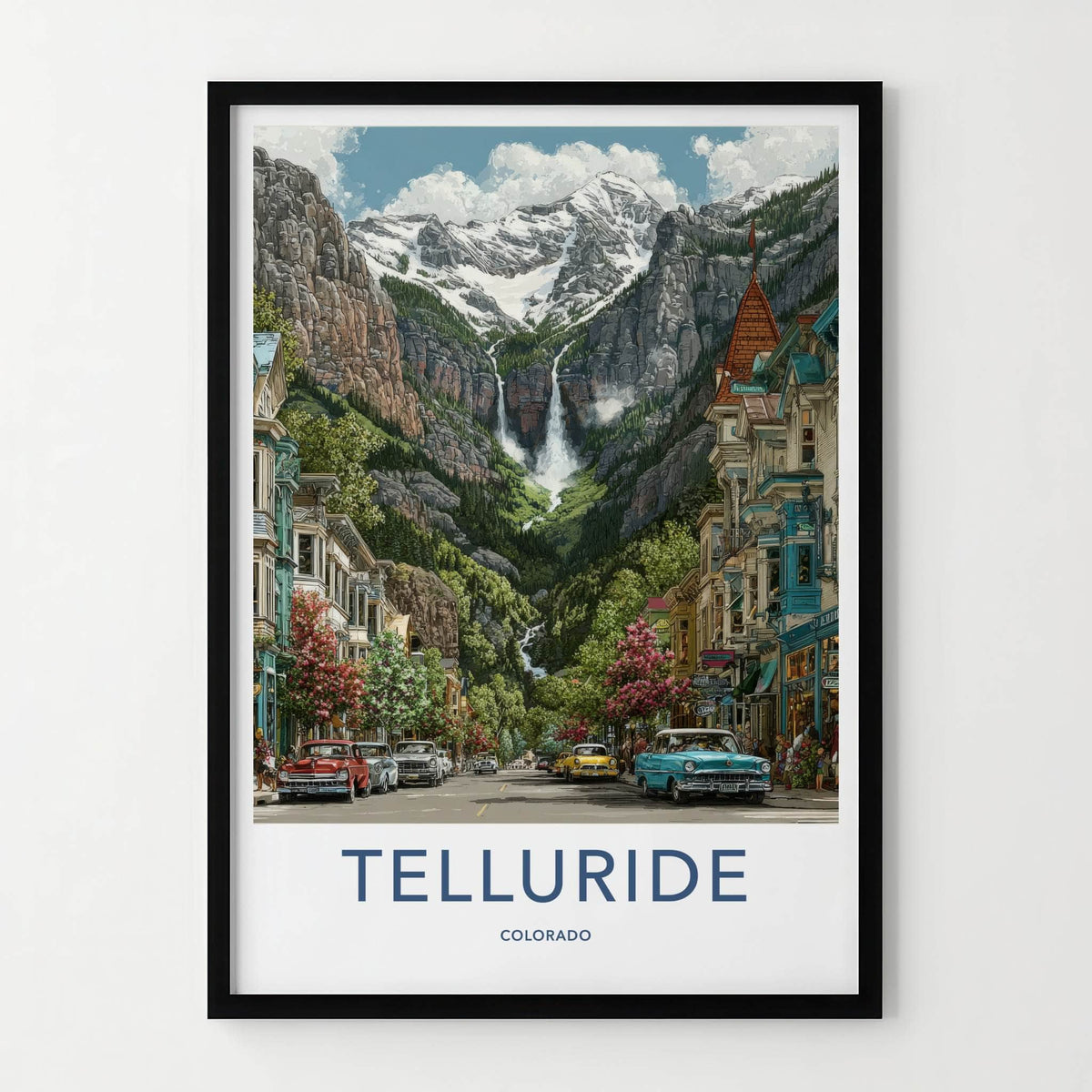 Telluride Poster - Colorado Travel Print - Mountain Waterfall Town Home Art