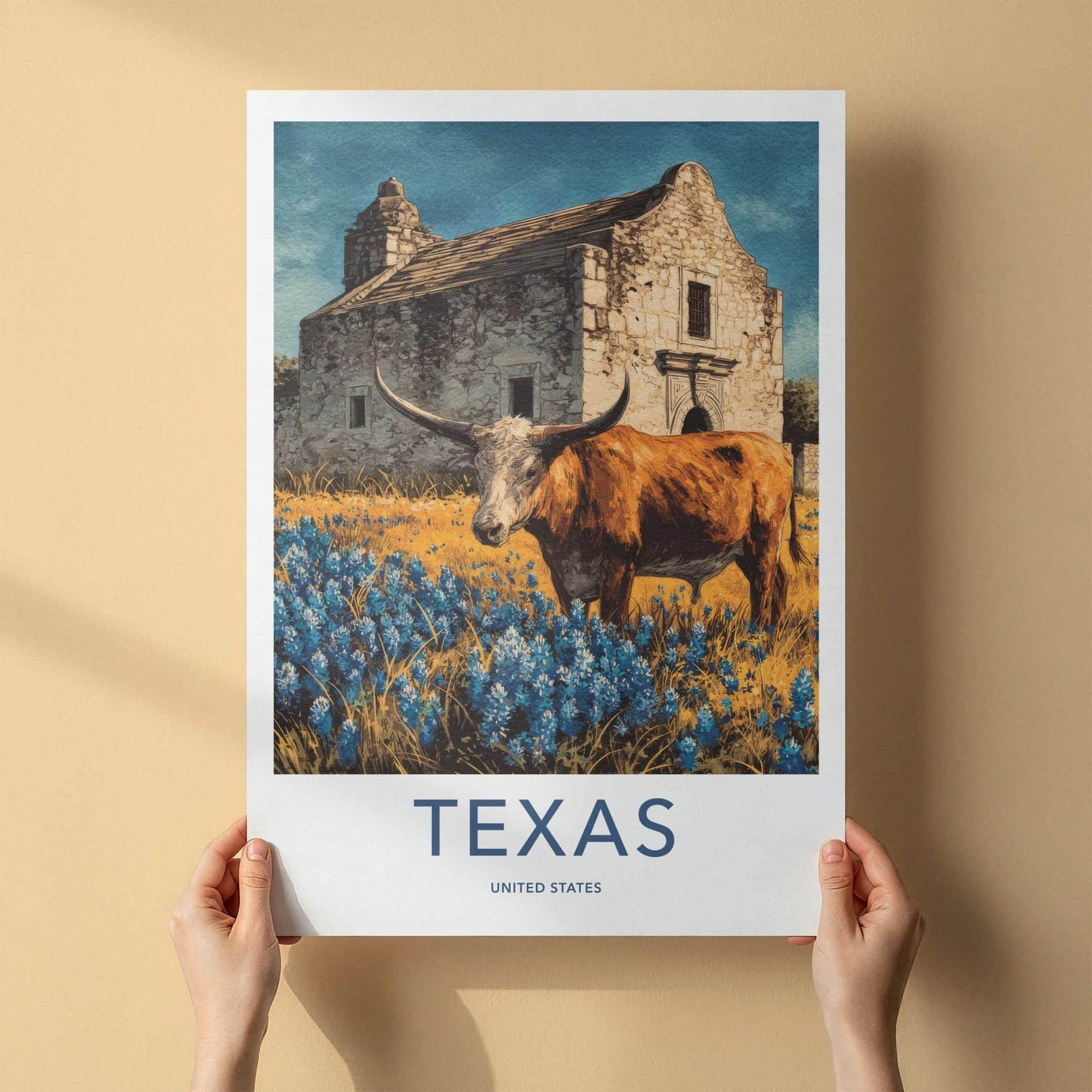 Texas Poster - Texas Travel Art - Alamo Longhorn Bluebonnets Home Decor