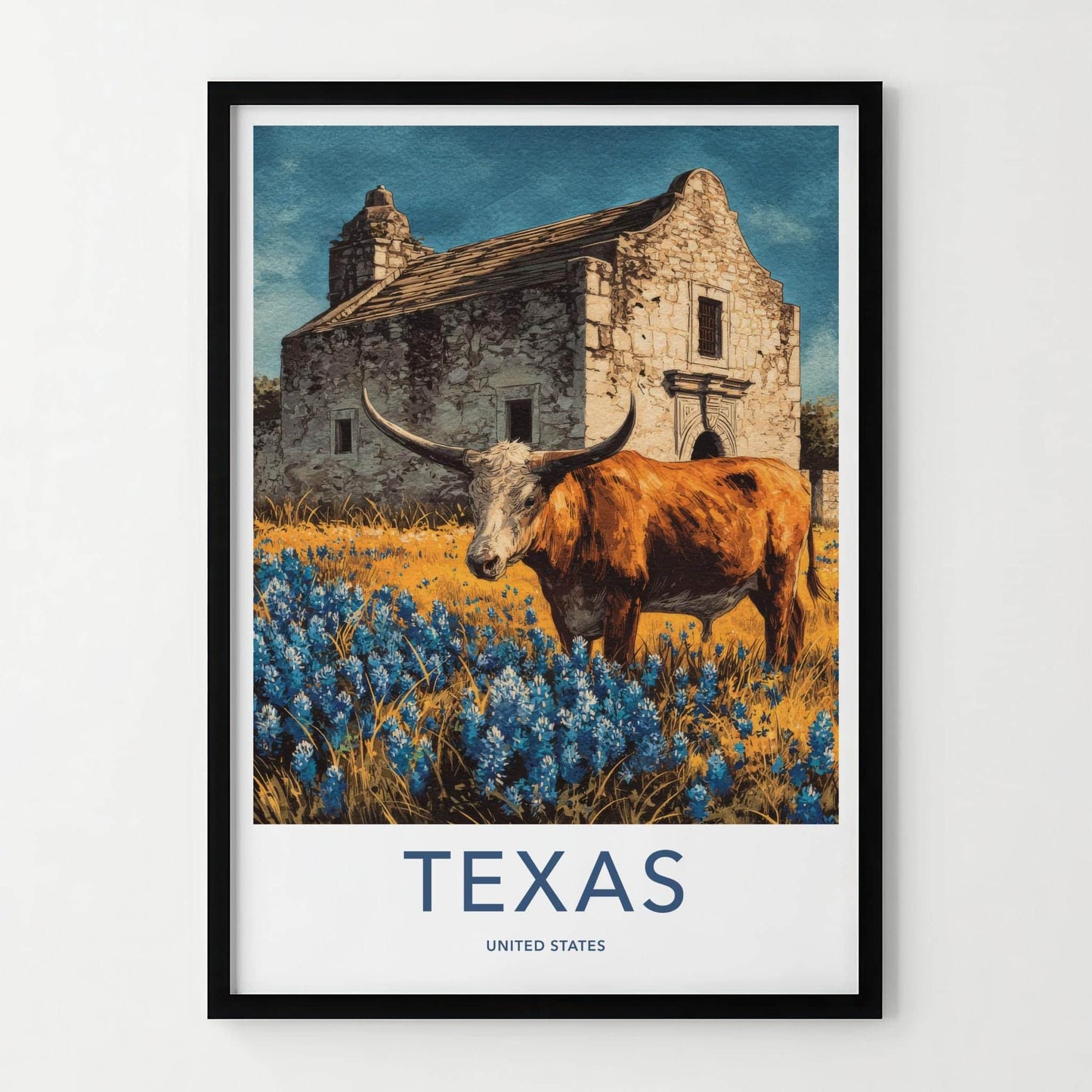 Texas Poster - Texas Travel Art - Alamo Longhorn Bluebonnets Home Decor