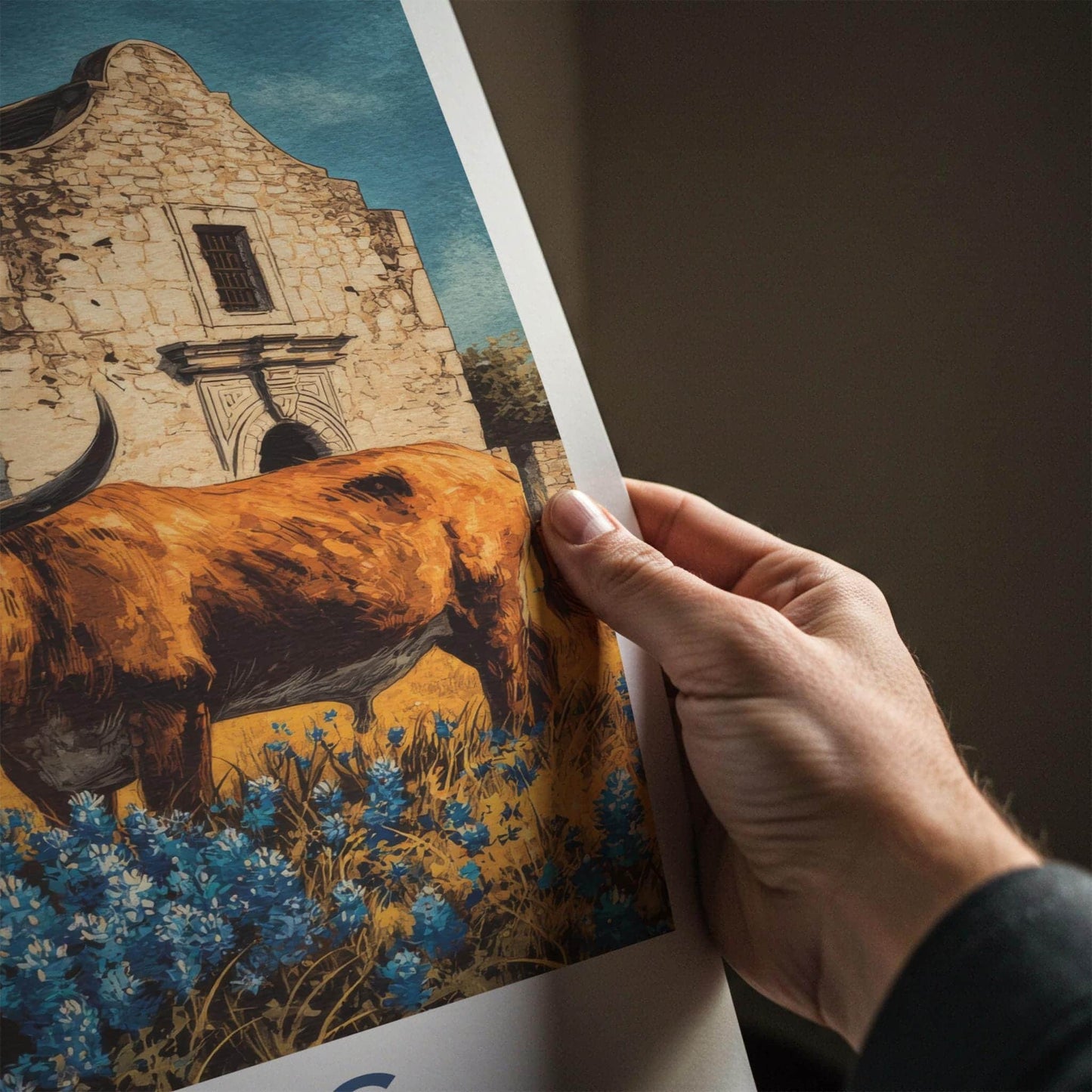Texas Poster - Texas Travel Art - Alamo Longhorn Bluebonnets Home Decor