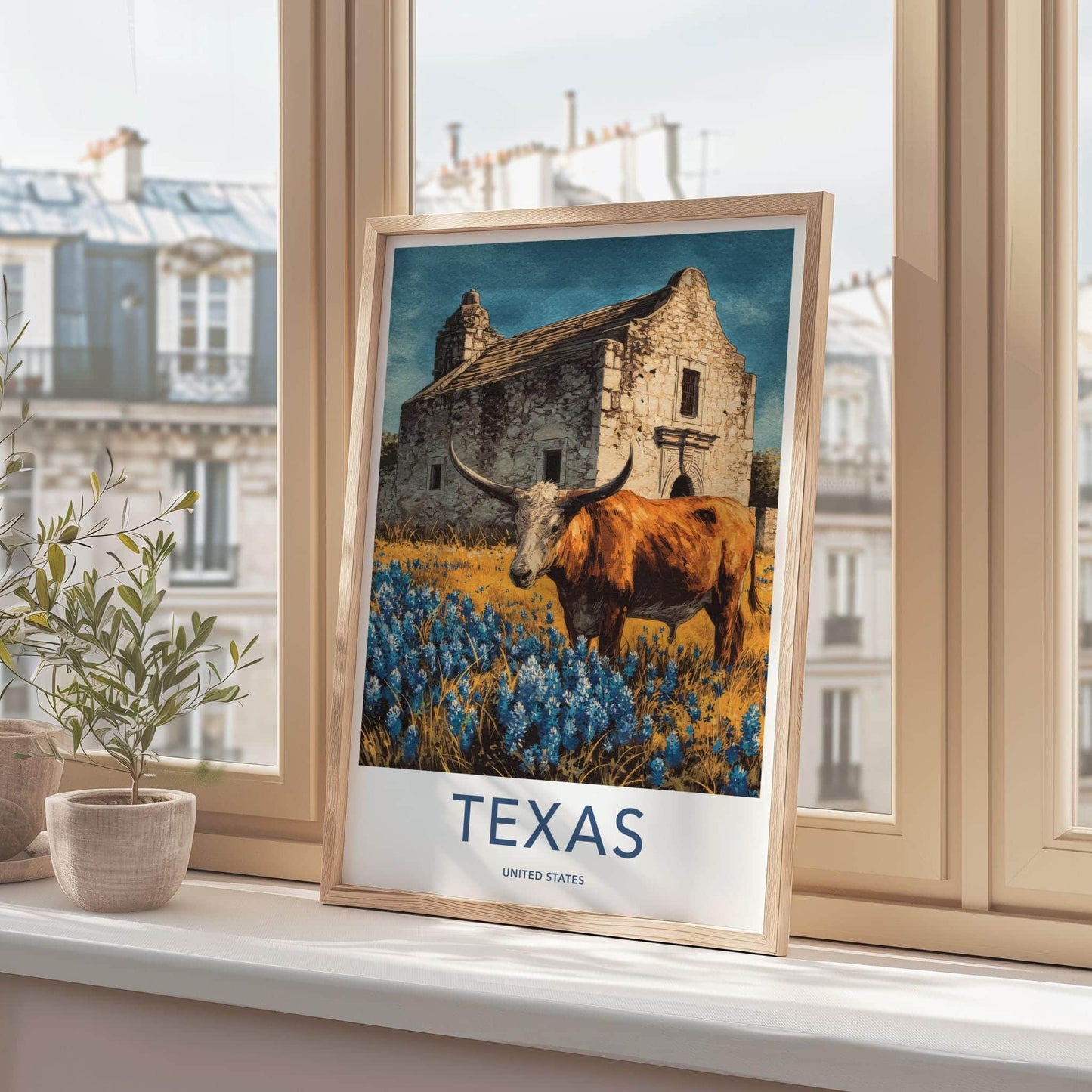 Texas Poster - Texas Travel Art - Alamo Longhorn Bluebonnets Home Decor