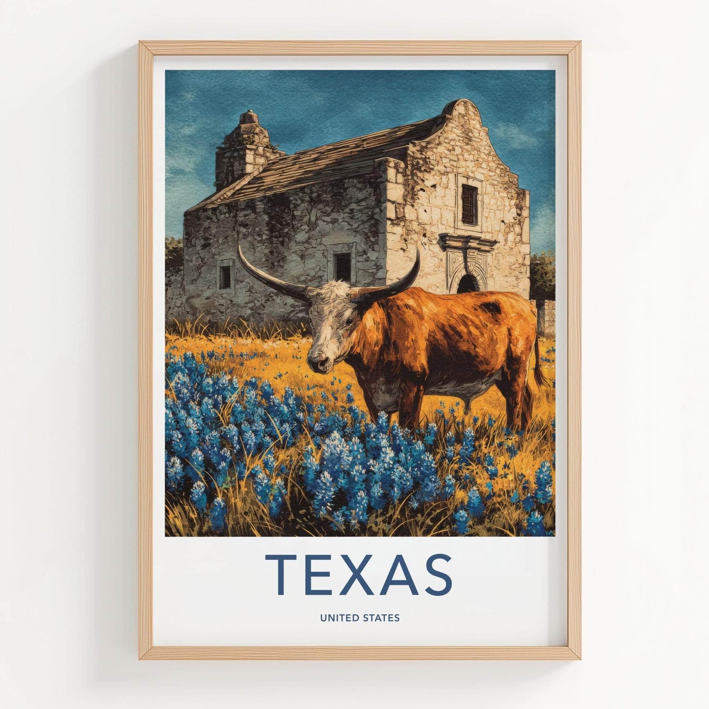 Texas Poster - Texas Travel Art - Alamo Longhorn Bluebonnets Home Decor