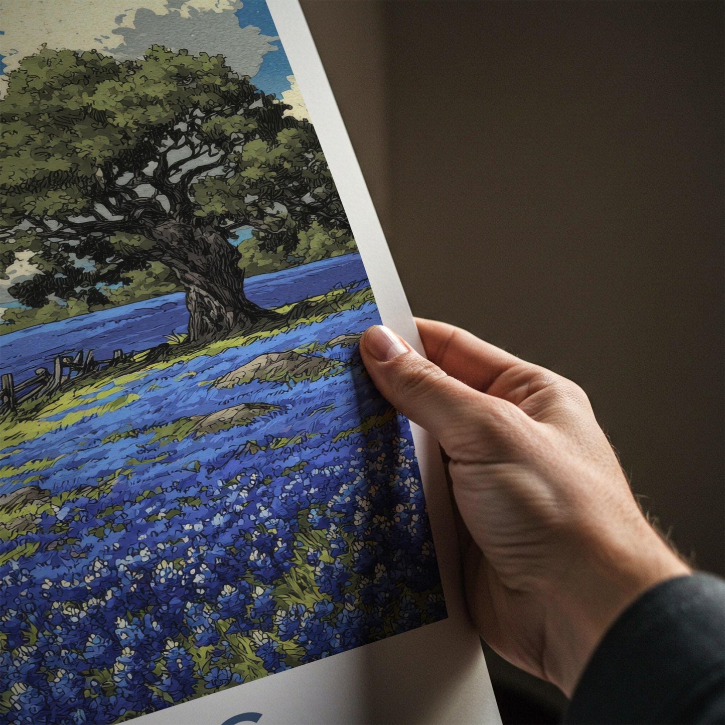 Texas Poster - Texas Travel Art - Bluebonnet field fence Wall Decor