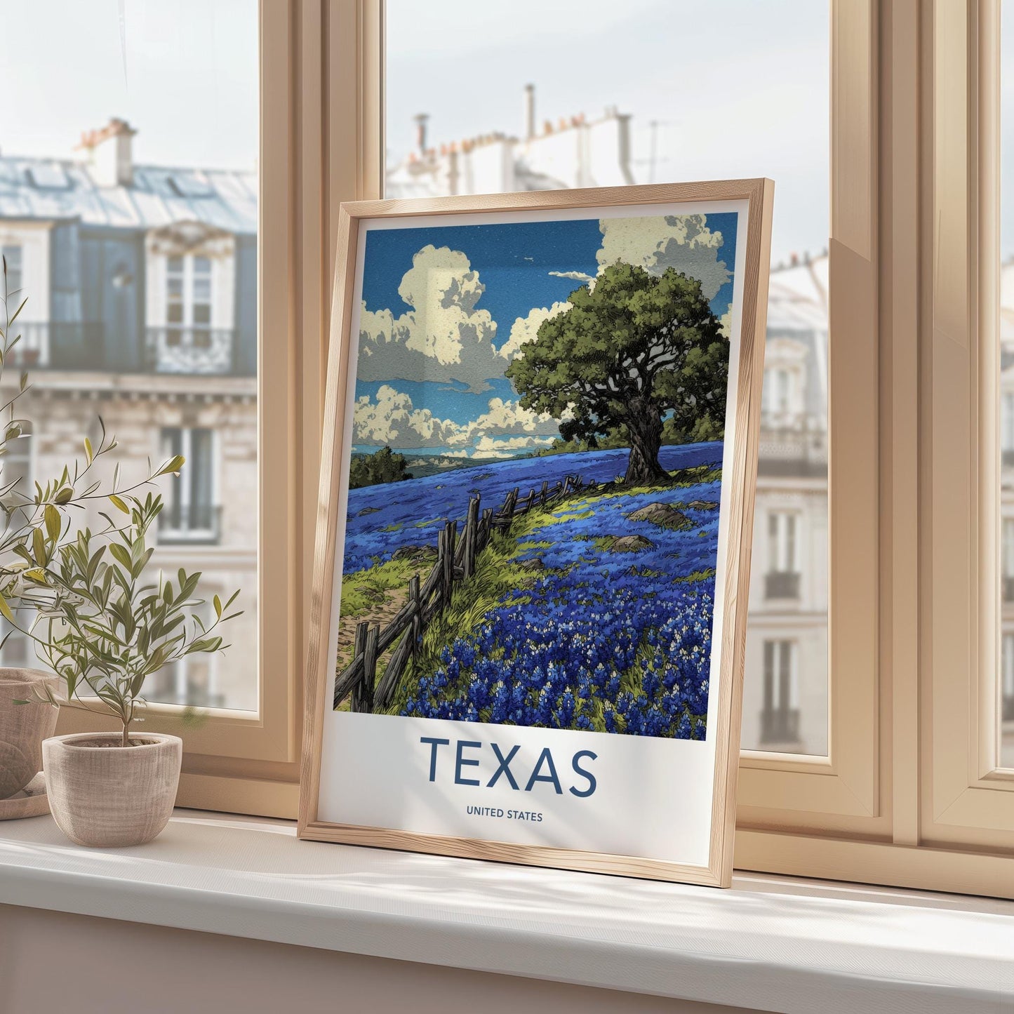 Texas Poster - Texas Travel Art - Bluebonnet field fence Wall Decor
