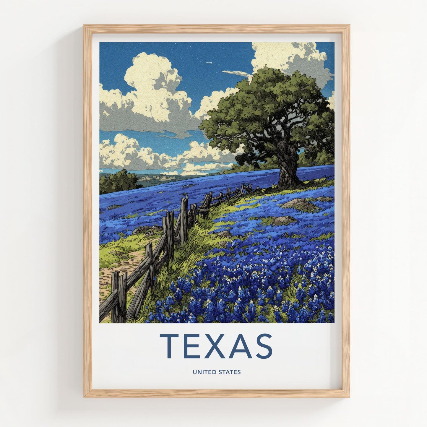 Texas Poster - Texas Travel Art - Bluebonnet field fence Wall Decor