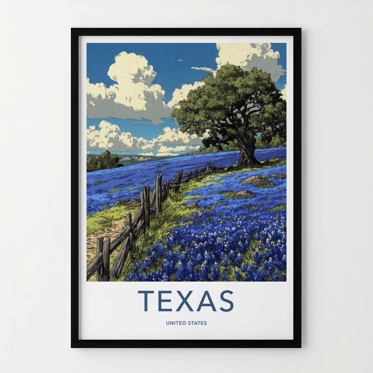Texas Poster - Texas Travel Art - Bluebonnet field fence Wall Decor