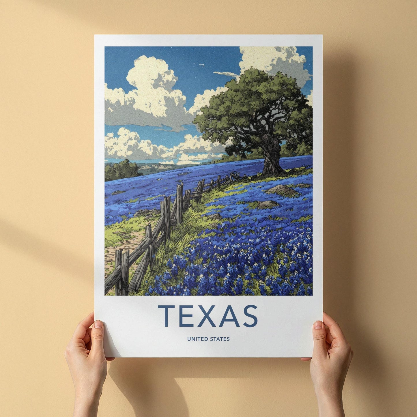 Texas Poster - Texas Travel Art - Bluebonnet field fence Wall Decor