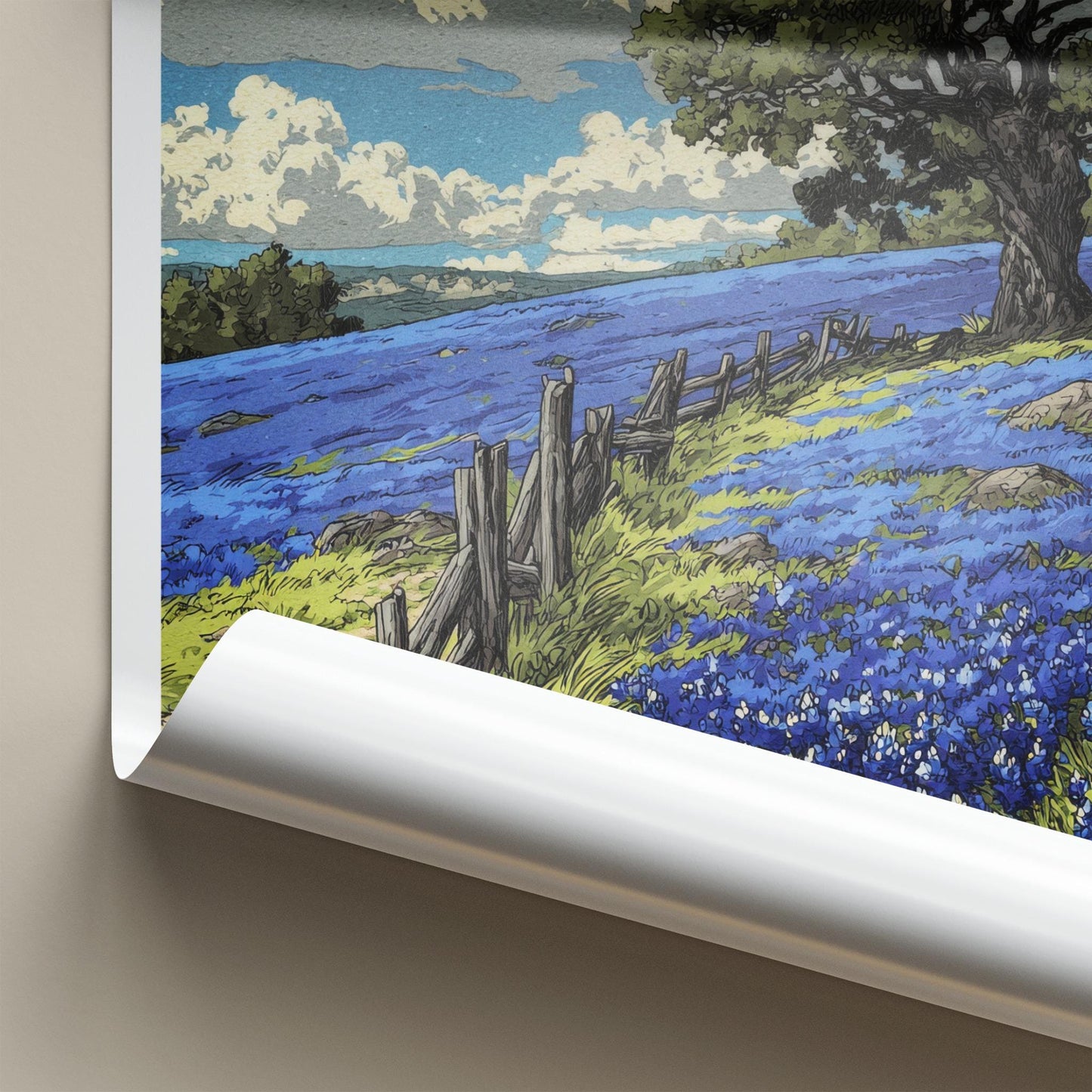 Texas Poster - Texas Travel Art - Bluebonnet field fence Wall Decor