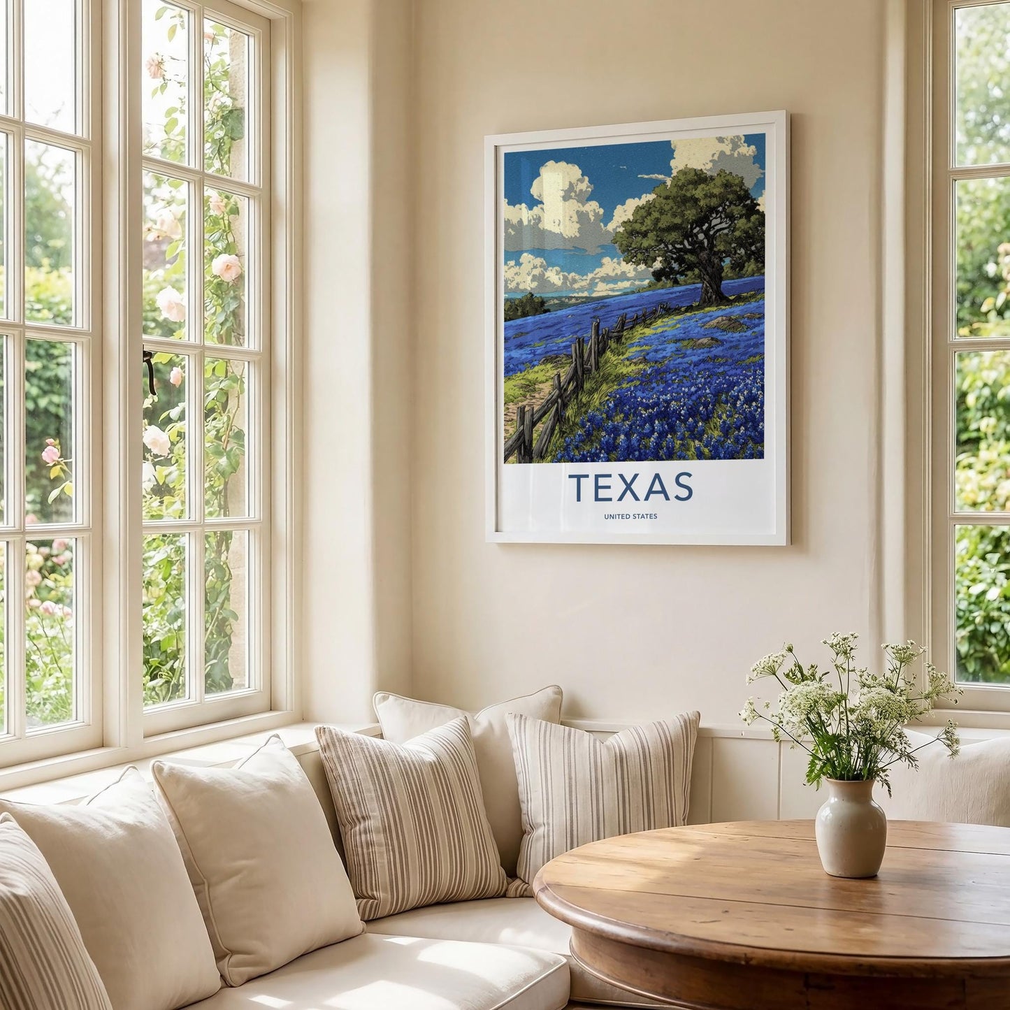 Texas Poster - Texas Travel Art - Bluebonnet field fence Wall Decor