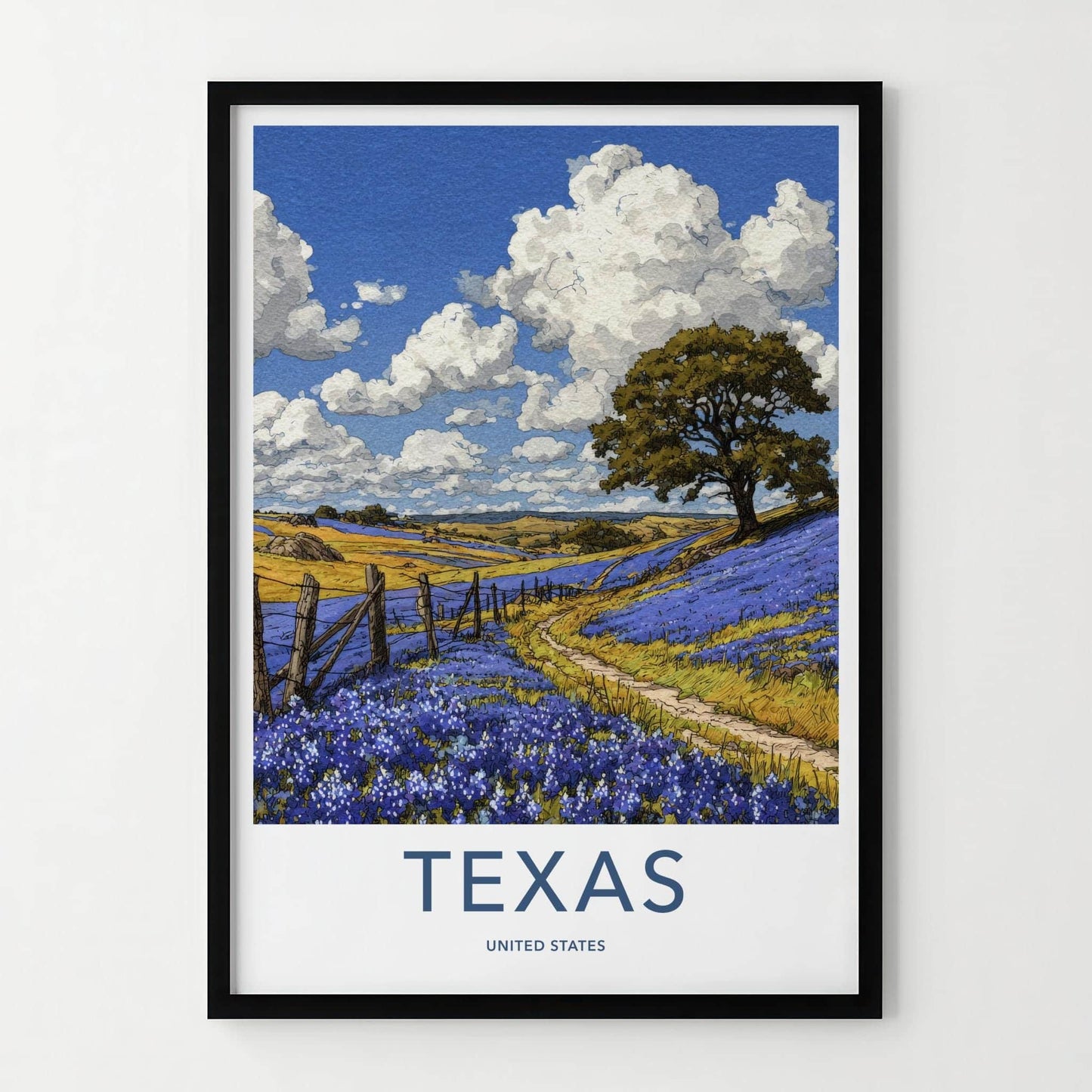 Texas Poster - Texas Travel Art - Bluebonnet Field Path Home Decor