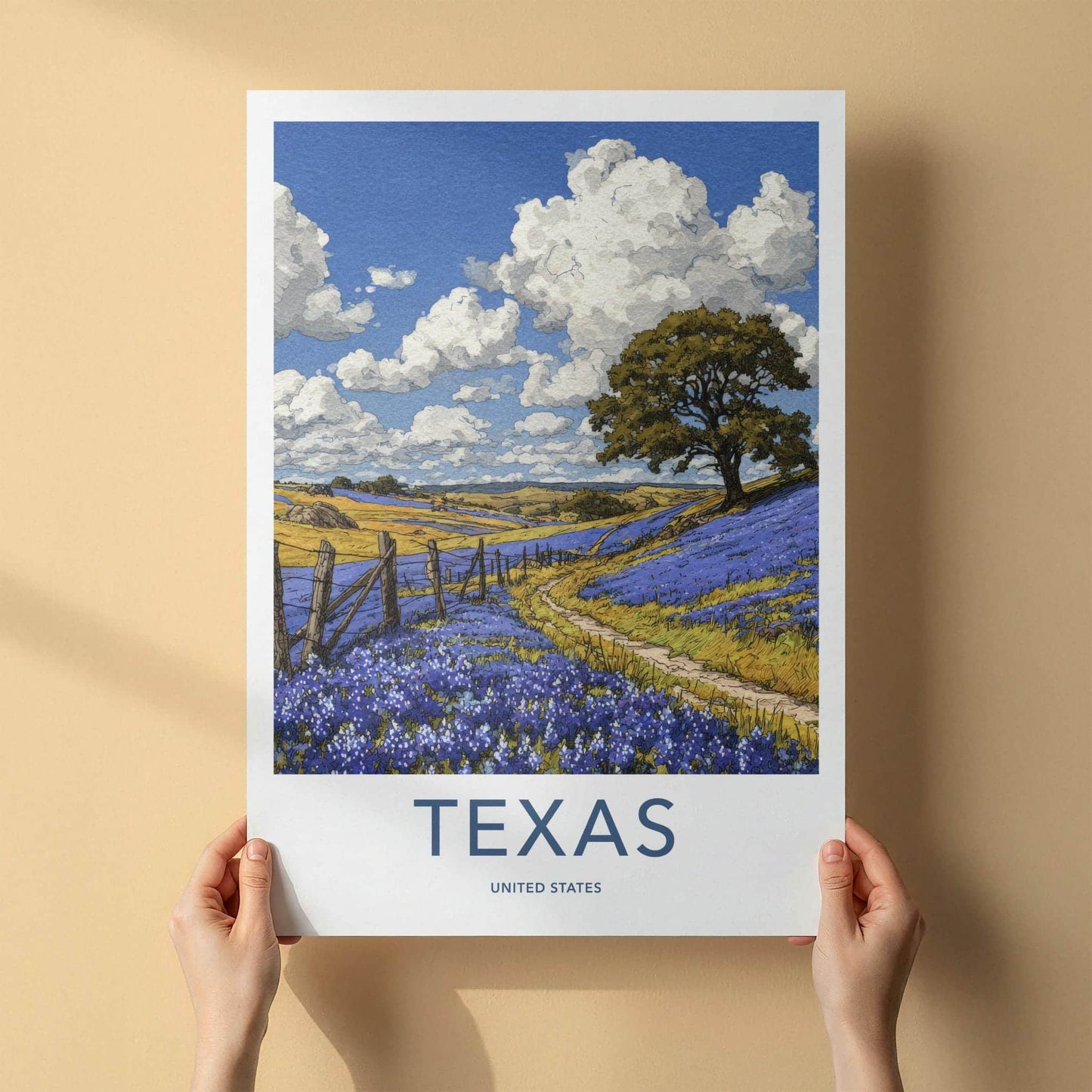 Texas Poster - Texas Travel Art - Bluebonnet Field Path Home Decor