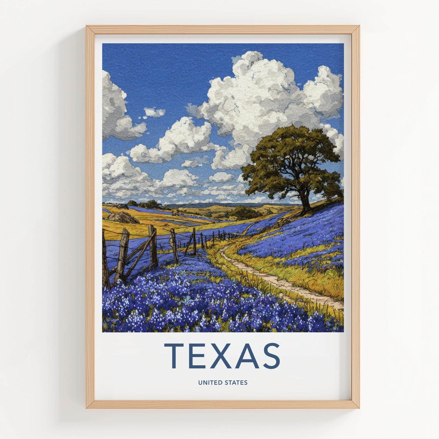 Texas Poster - Texas Travel Art - Bluebonnet Field Path Home Decor