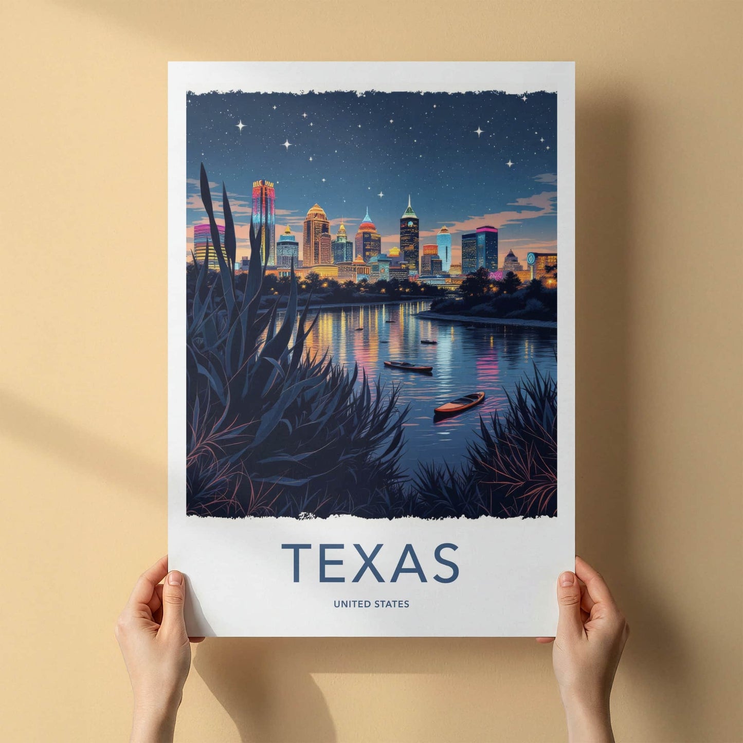 TEXAS Poster - Texas Travel Art - Vibrant City Lights Home Decor
