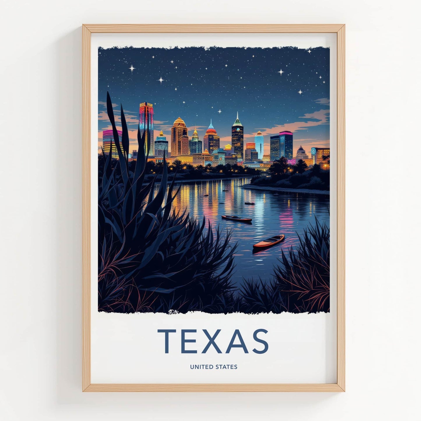TEXAS Poster - Texas Travel Art - Vibrant City Lights Home Decor