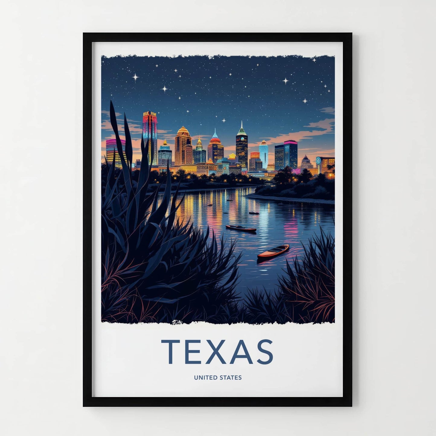 TEXAS Poster - Texas Travel Art - Vibrant City Lights Home Decor