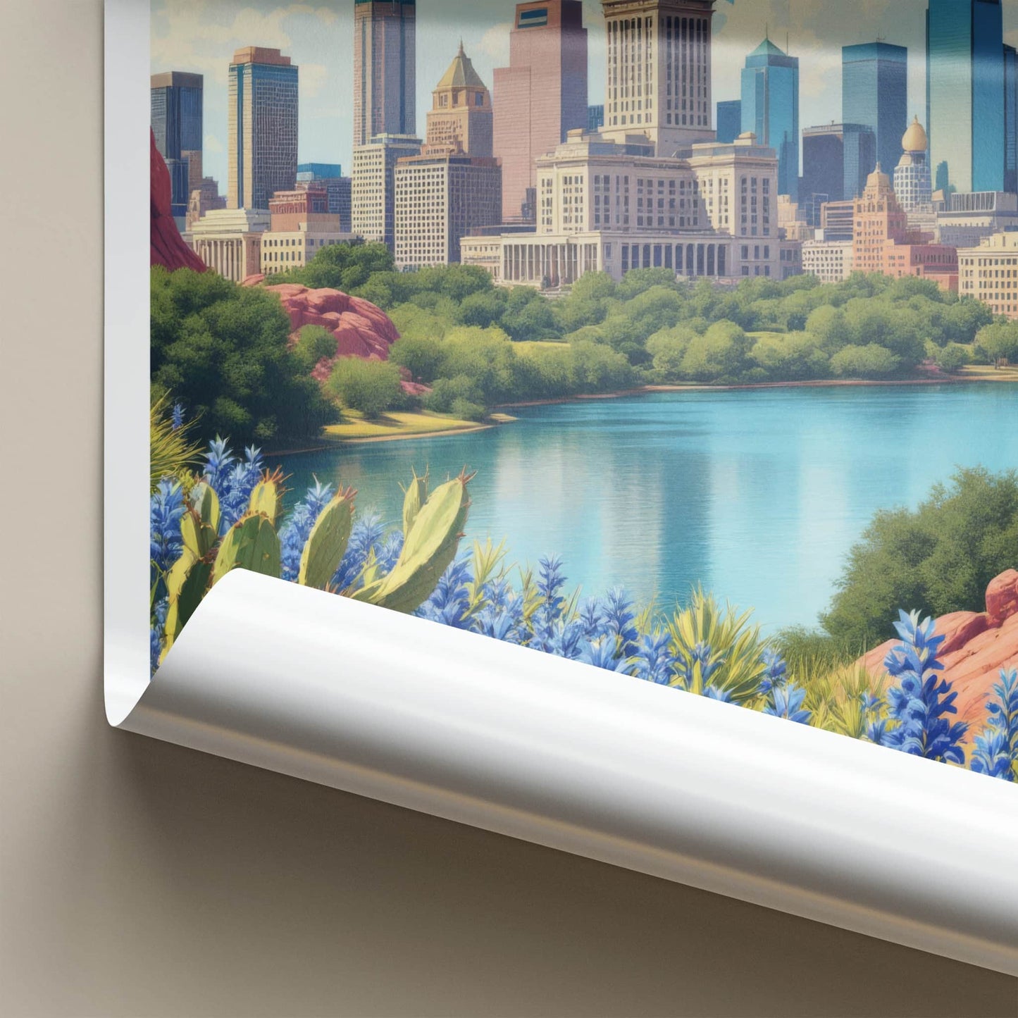 Texas Poster - Texas Travel Print - Cityscape Lakeside Bluebonnets Home Decor