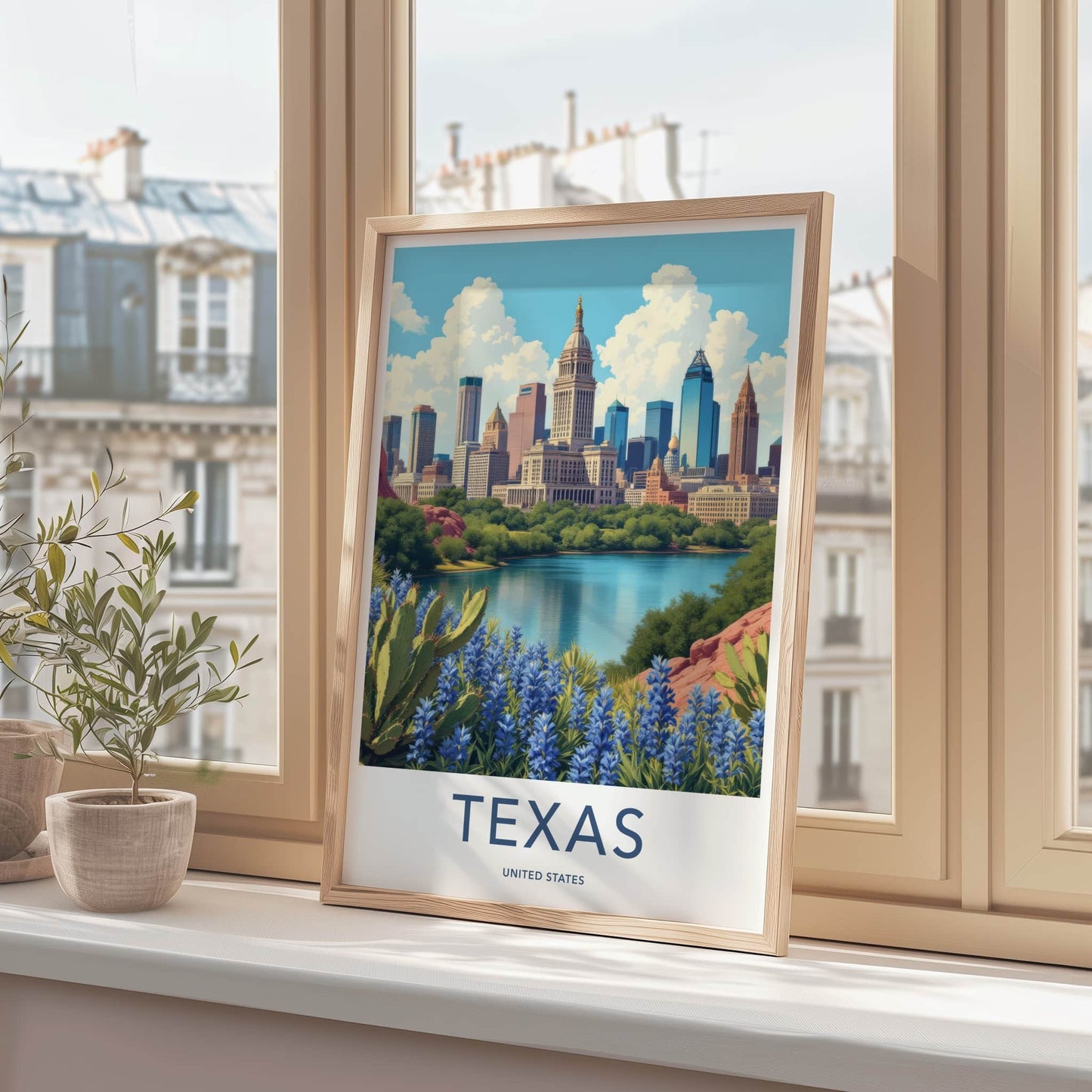 Texas Poster - Texas Travel Print - Cityscape Lakeside Bluebonnets Home Decor