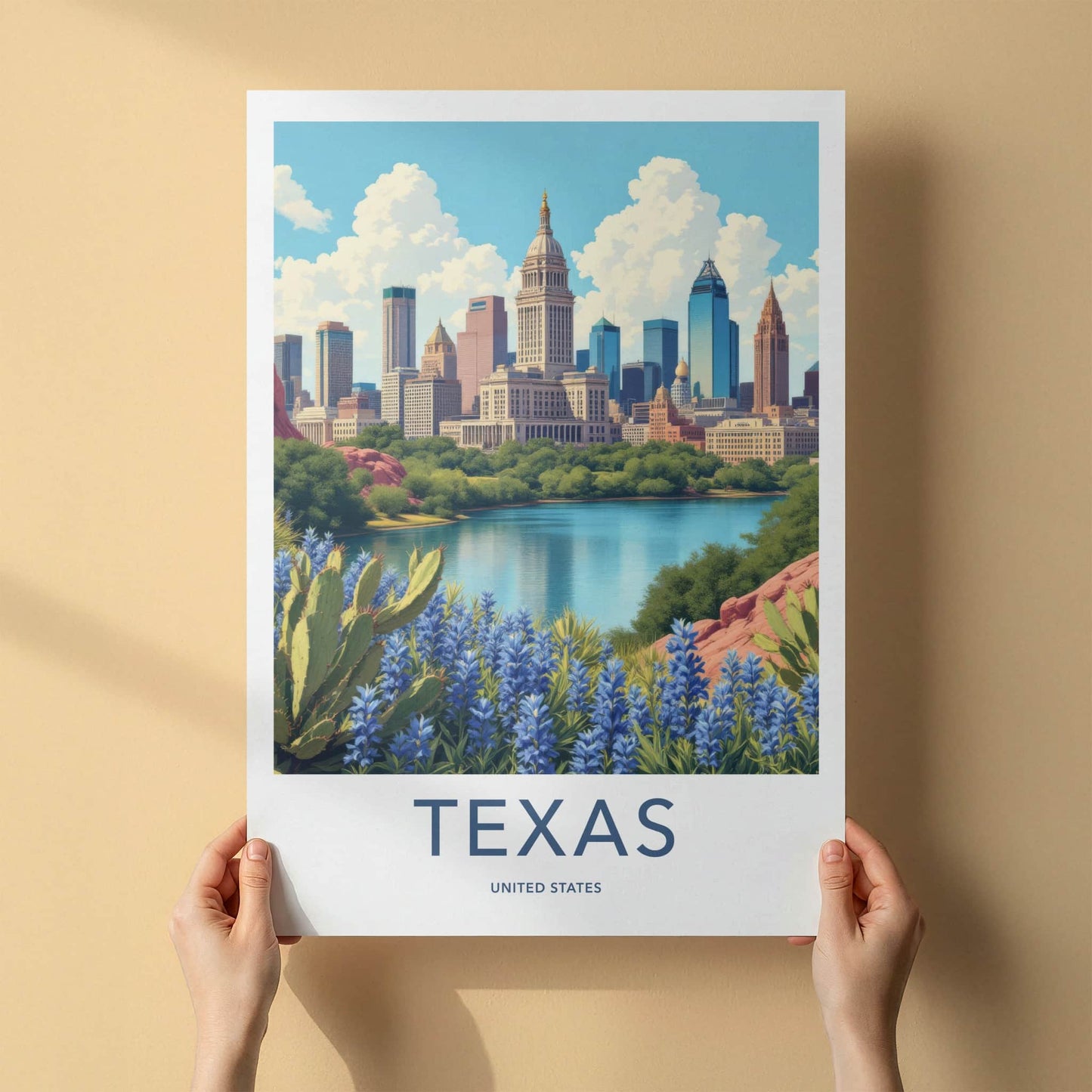 Texas Poster - Texas Travel Print - Cityscape Lakeside Bluebonnets Home Decor
