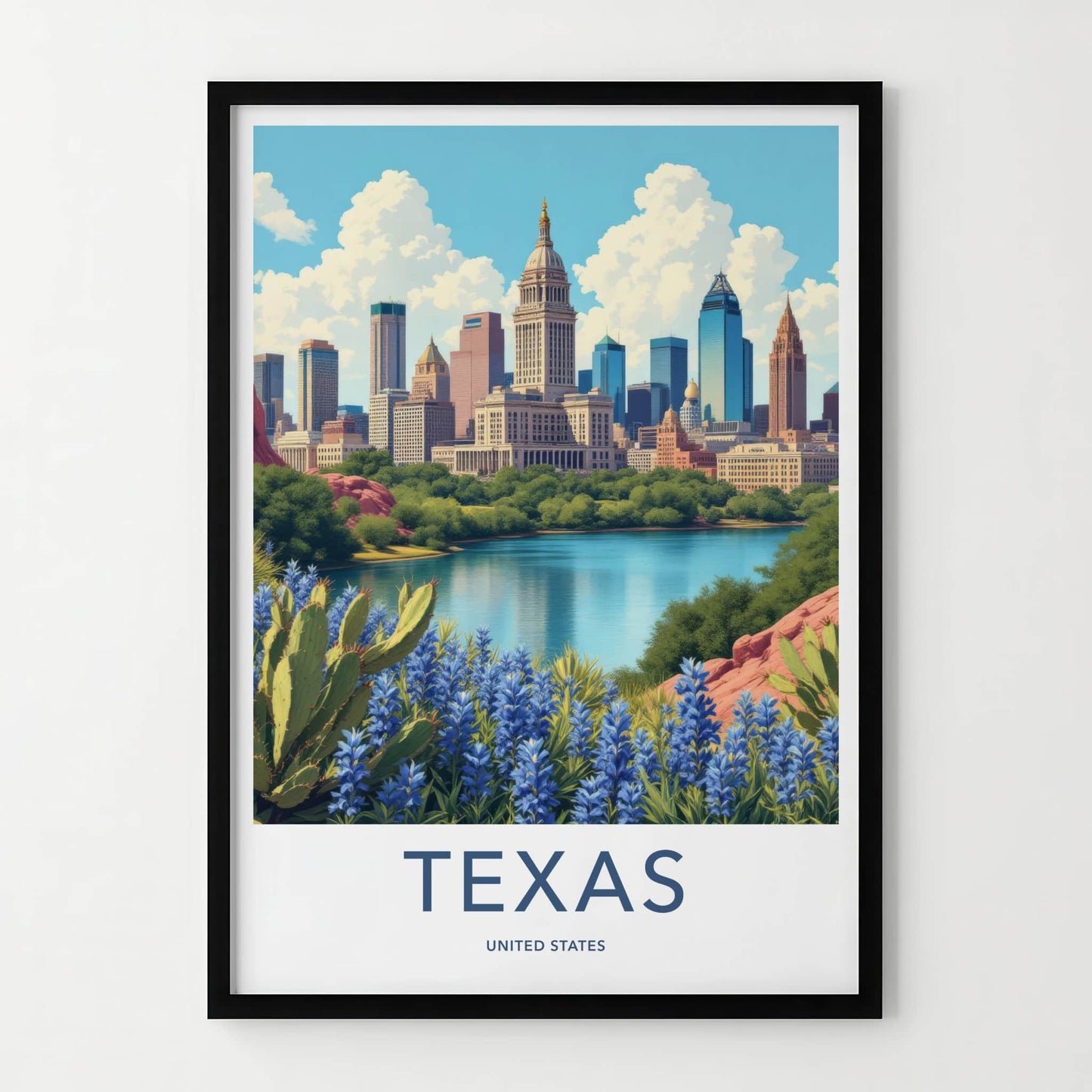 Texas Poster - Texas Travel Print - Cityscape Lakeside Bluebonnets Home Decor