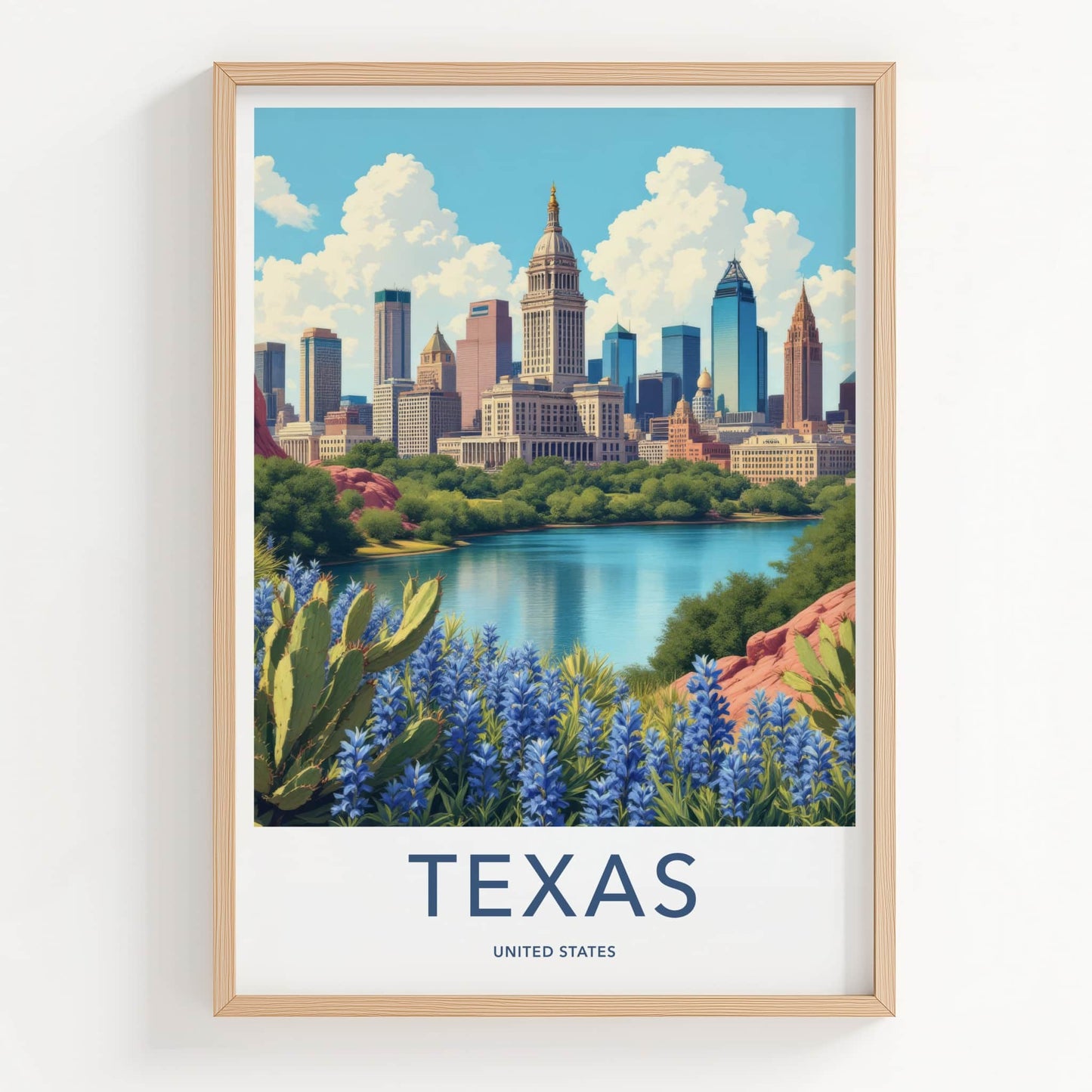 Texas Poster - Texas Travel Print - Cityscape Lakeside Bluebonnets Home Decor
