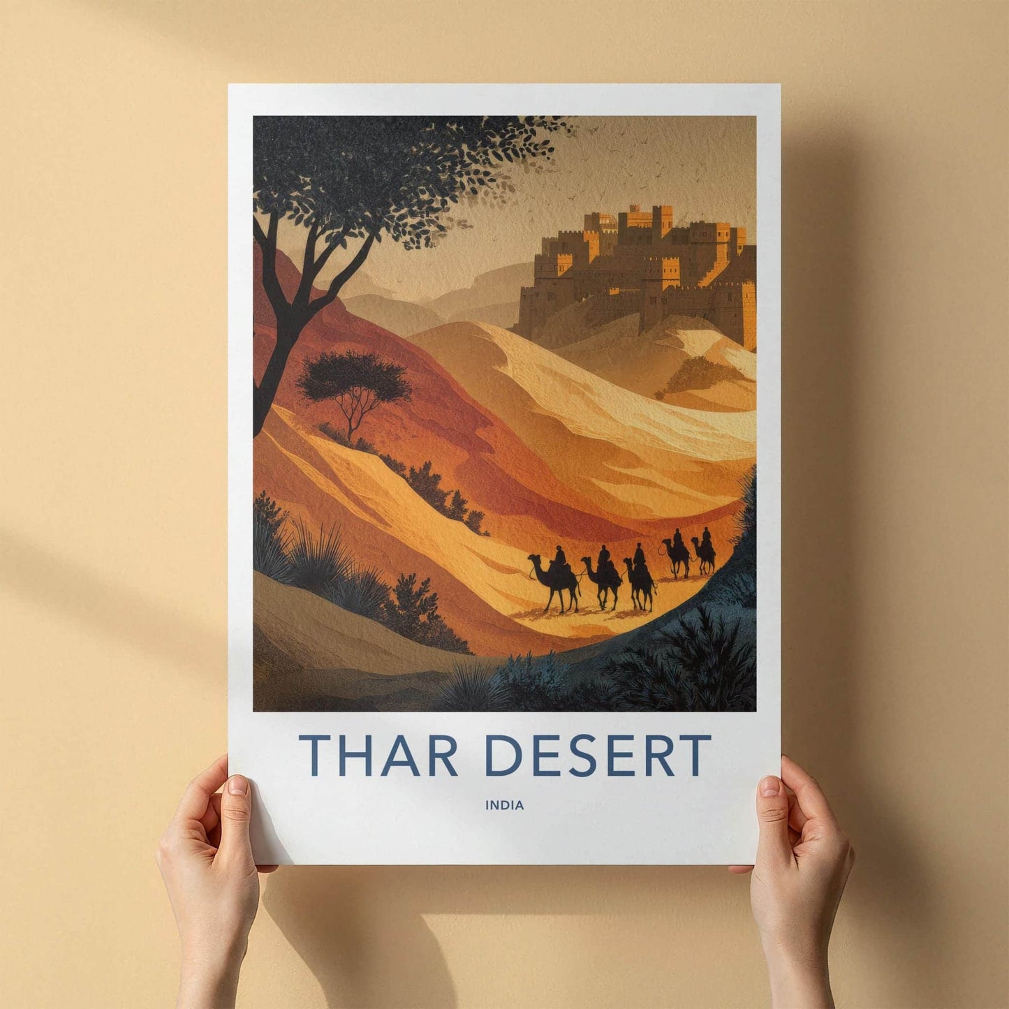 Thar Desert Poster - India Travel Art - Rajasthan Camel Train Fortress Home Decor