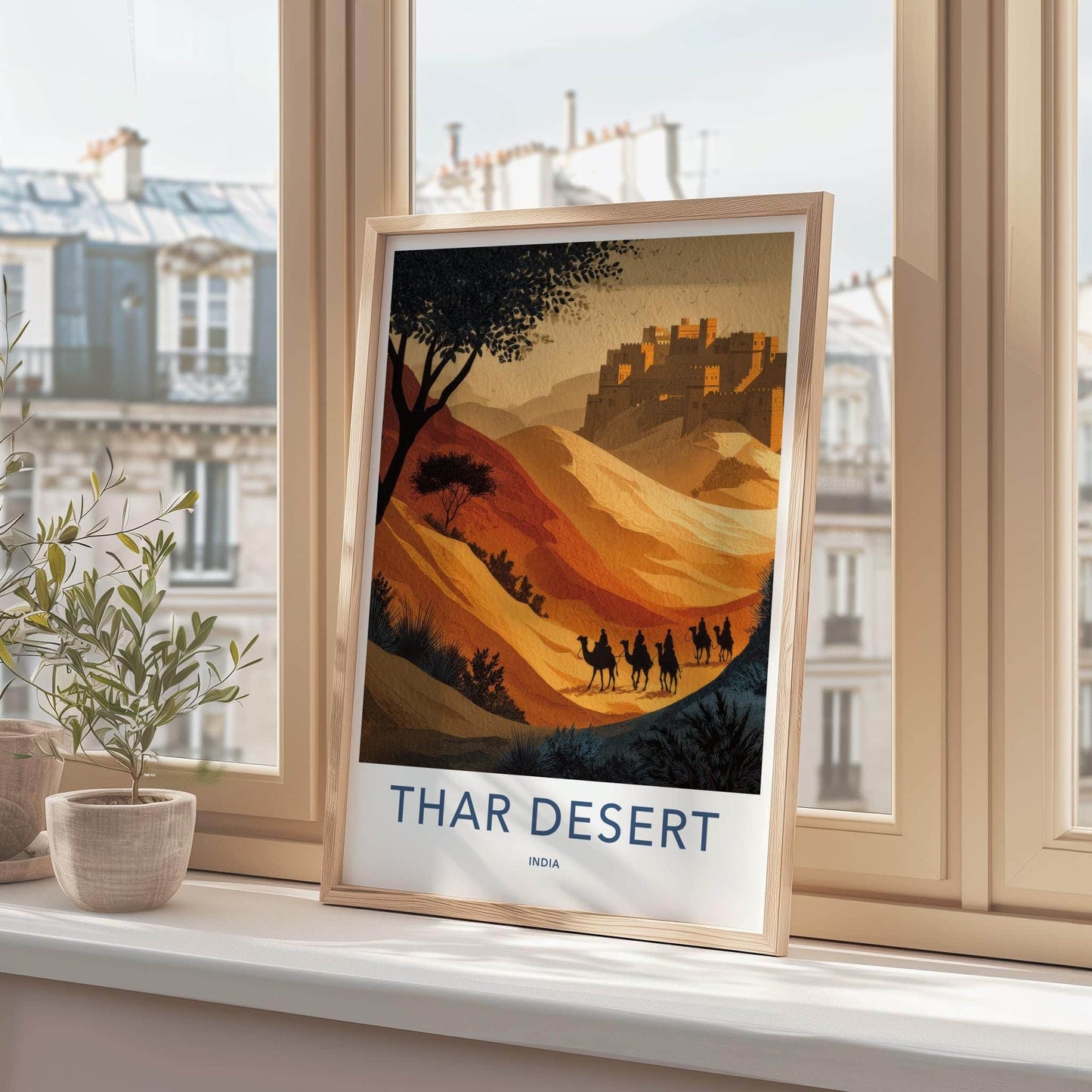 Thar Desert Poster - India Travel Art - Rajasthan Camel Train Fortress Home Decor