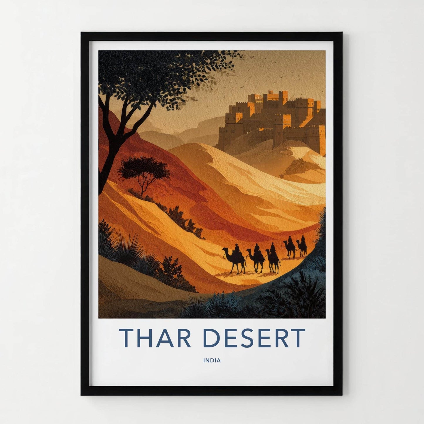 Thar Desert Poster - India Travel Art - Rajasthan Camel Train Fortress Home Decor