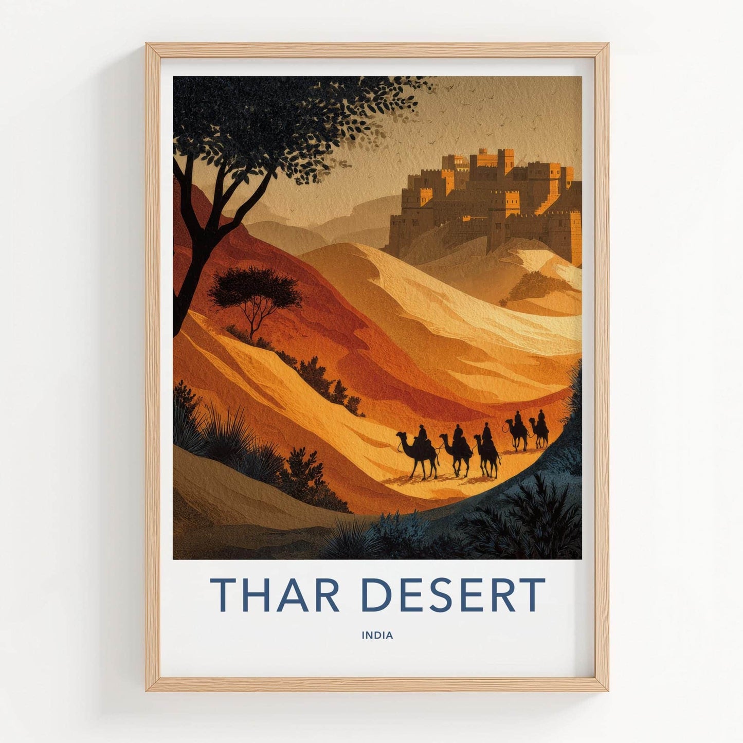 Thar Desert Poster - India Travel Art - Rajasthan Camel Train Fortress Home Decor