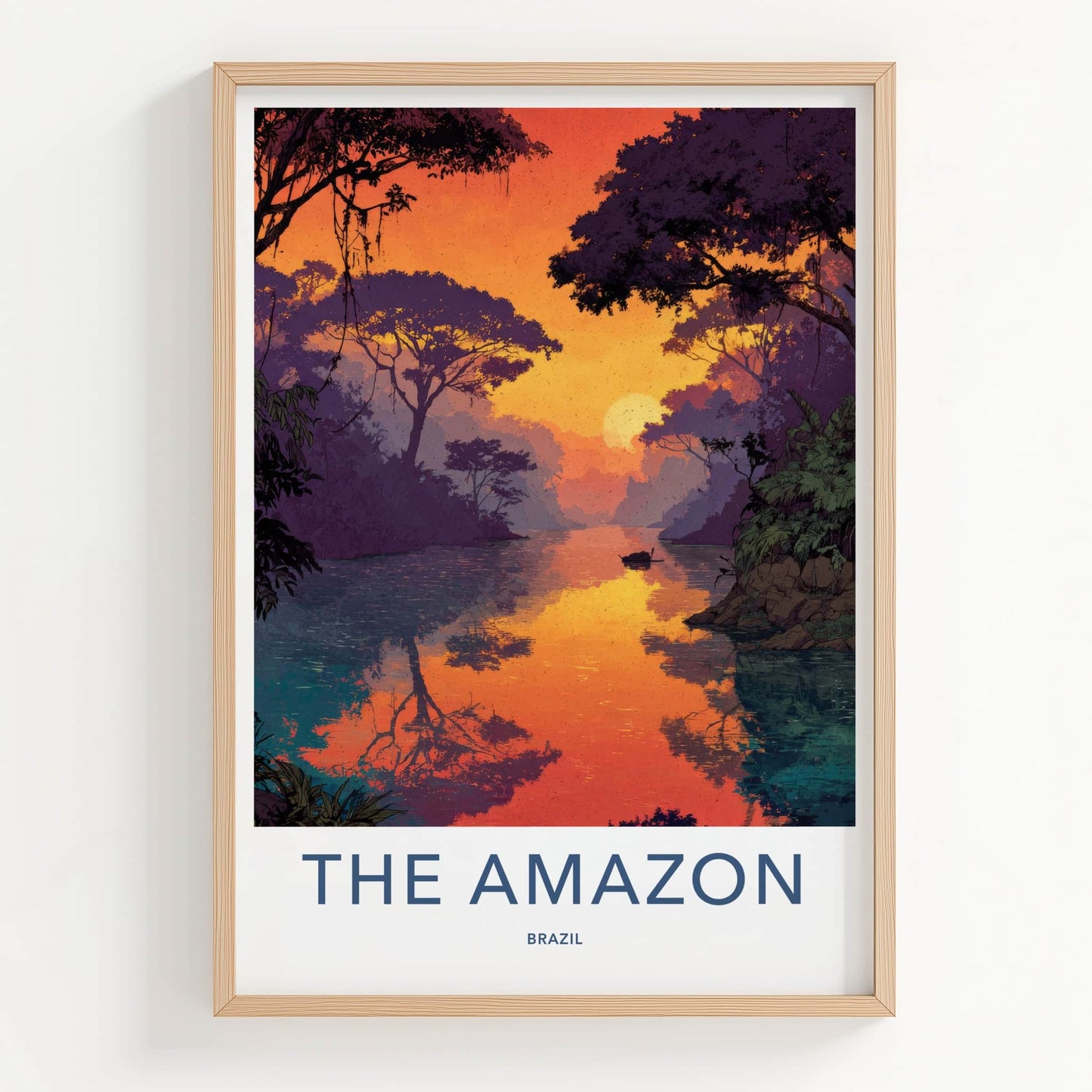 The Amazon Poster - Brazil Travel Art - Sunset River Boat Home Decor