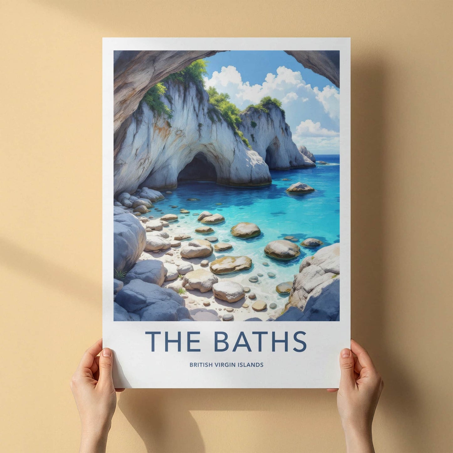The Baths Poster - British Virgin Islands Travel Print - Boulders Caves Turquoise Wall Decor