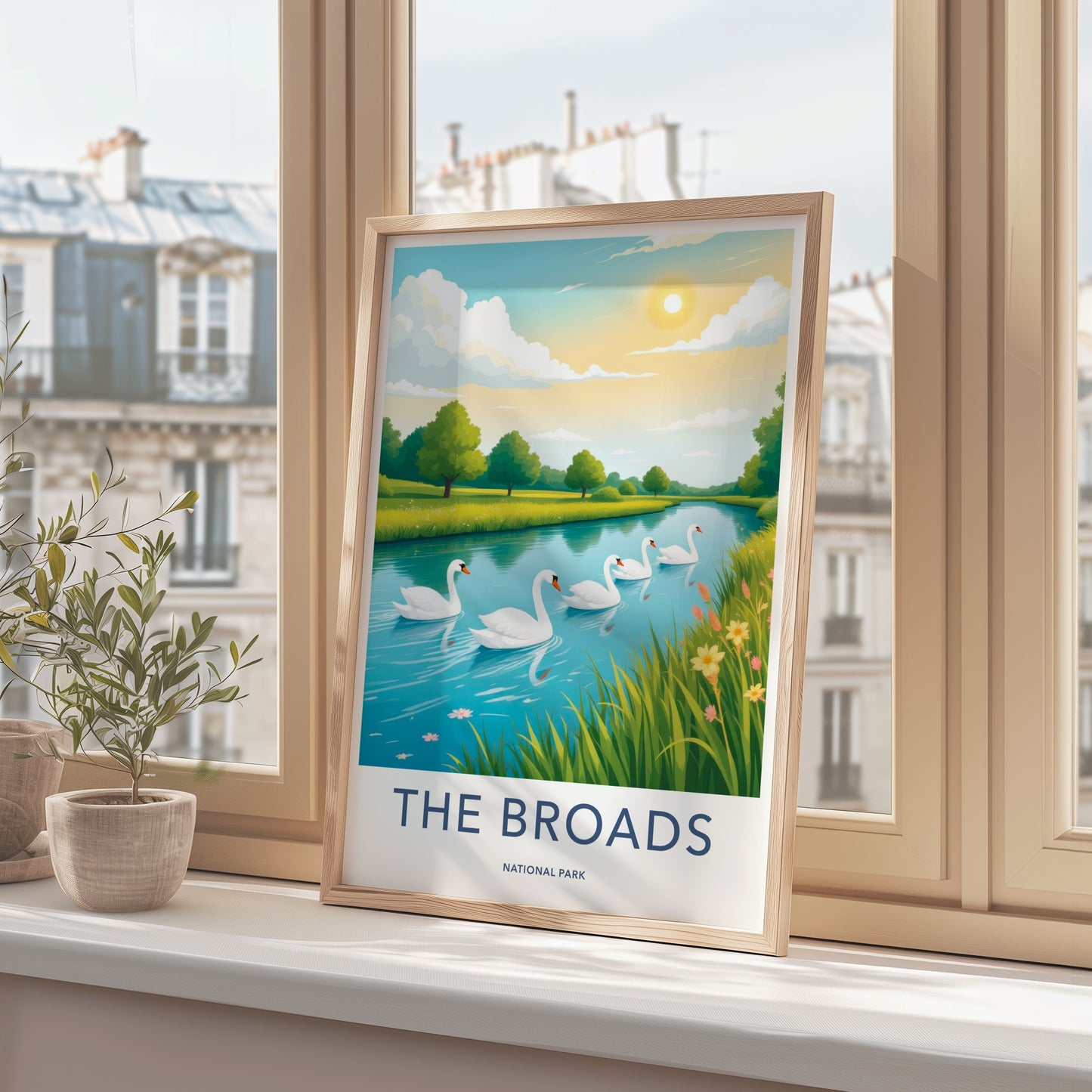 The Broads National Park Poster - United Kingdom Fine Art - River Swans Scenic Gift