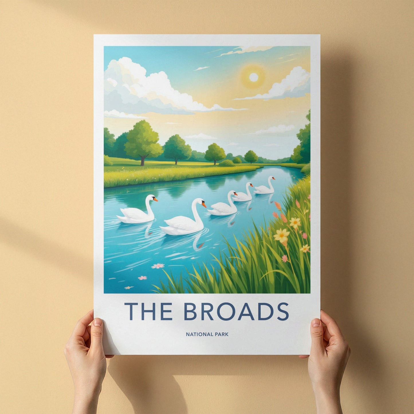 The Broads National Park Poster - United Kingdom Fine Art - River Swans Scenic Gift