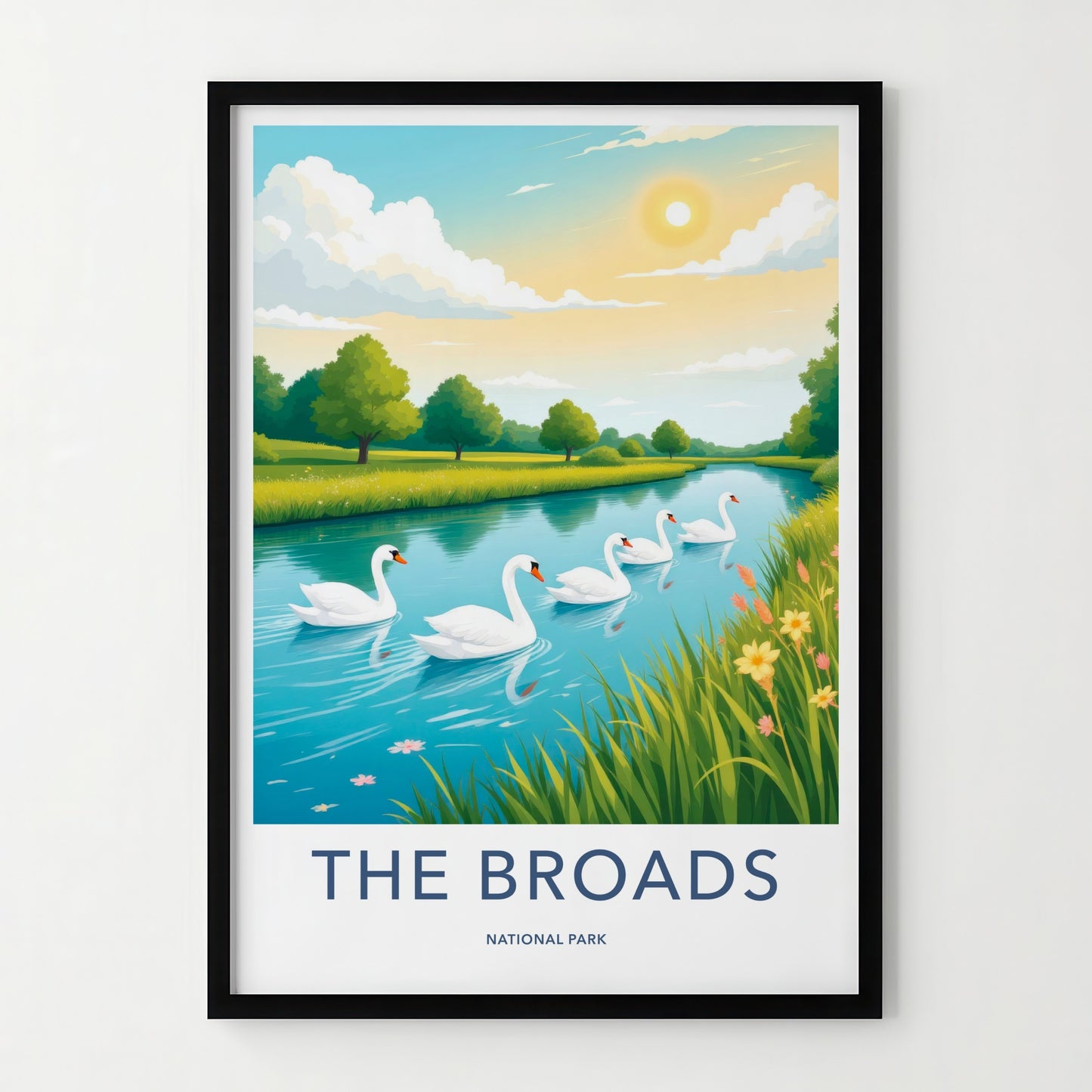 The Broads National Park Poster - United Kingdom Fine Art - River Swans Scenic Gift