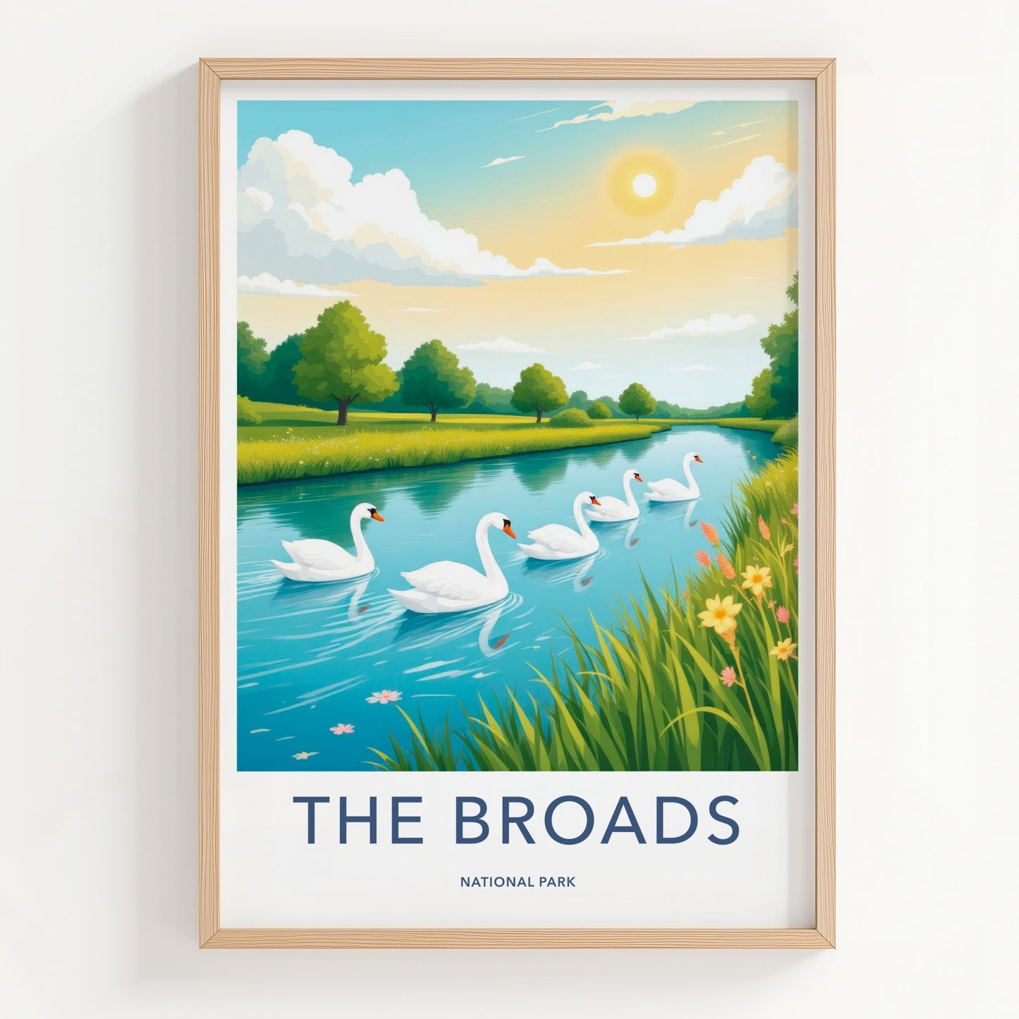 The Broads National Park Poster - United Kingdom Fine Art - River Swans Scenic Gift