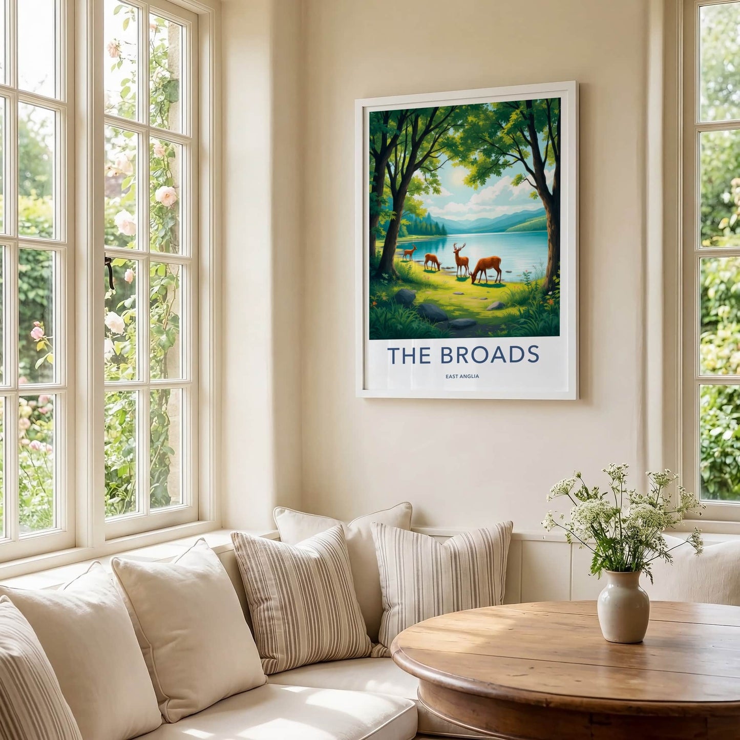 The Broads Poster - England Travel Art - Deer Grazing Lakeside Wall Decor