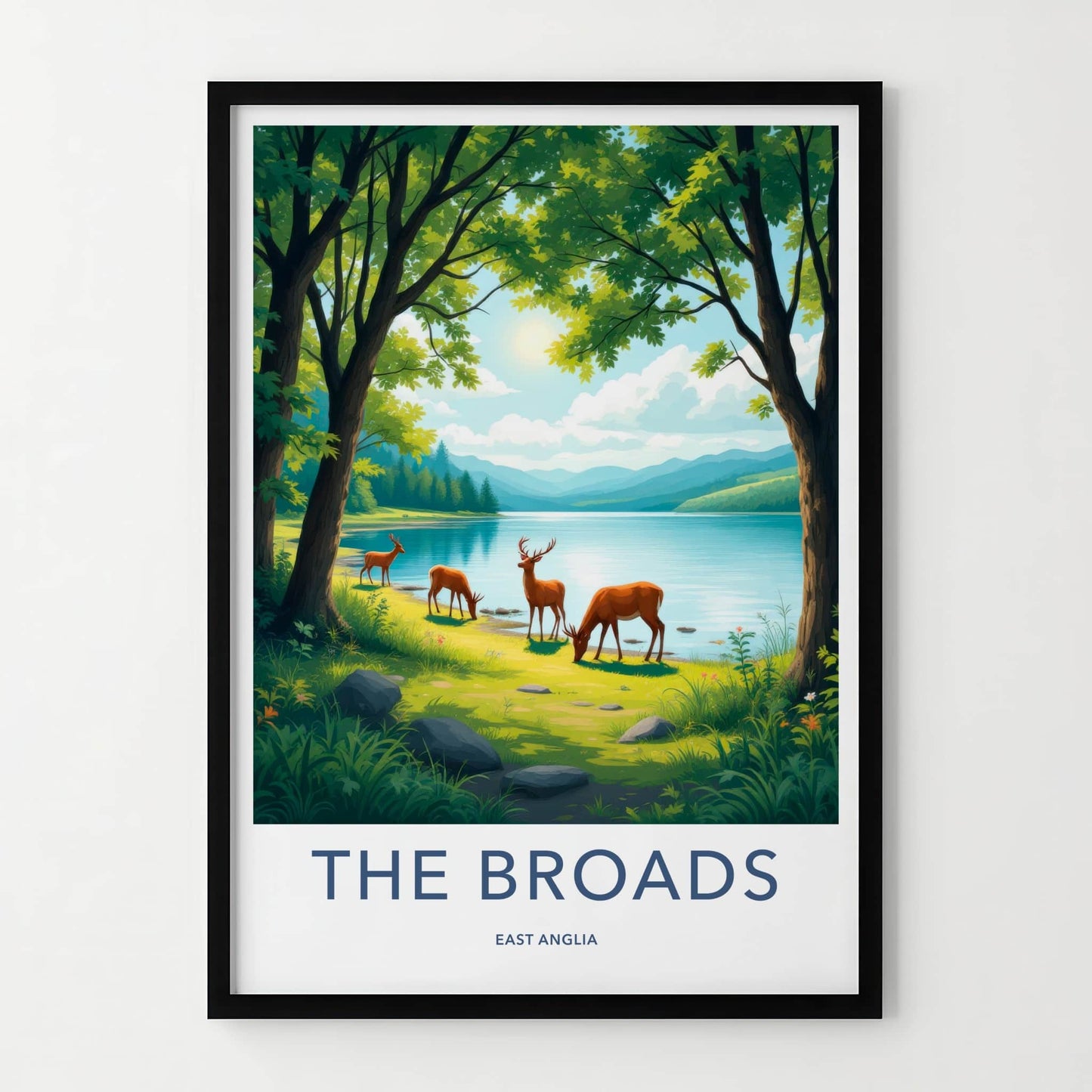 The Broads Poster - England Travel Art - Deer Grazing Lakeside Wall Decor