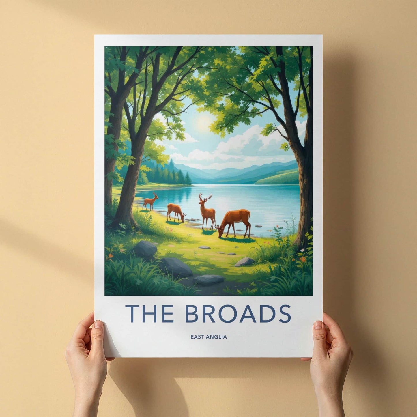 The Broads Poster - England Travel Art - Deer Grazing Lakeside Wall Decor