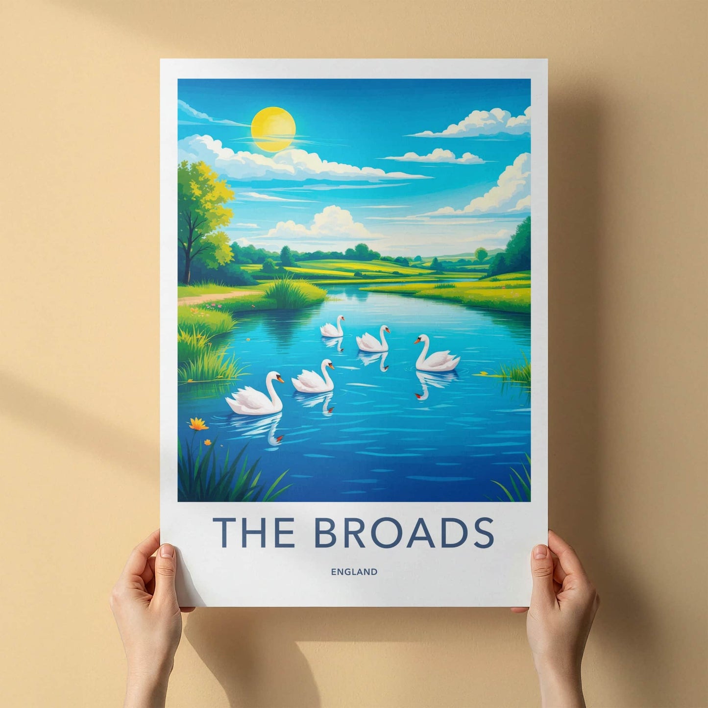 THE BROADS Poster - England Travel Art - Swans Blue Lake Home Decor
