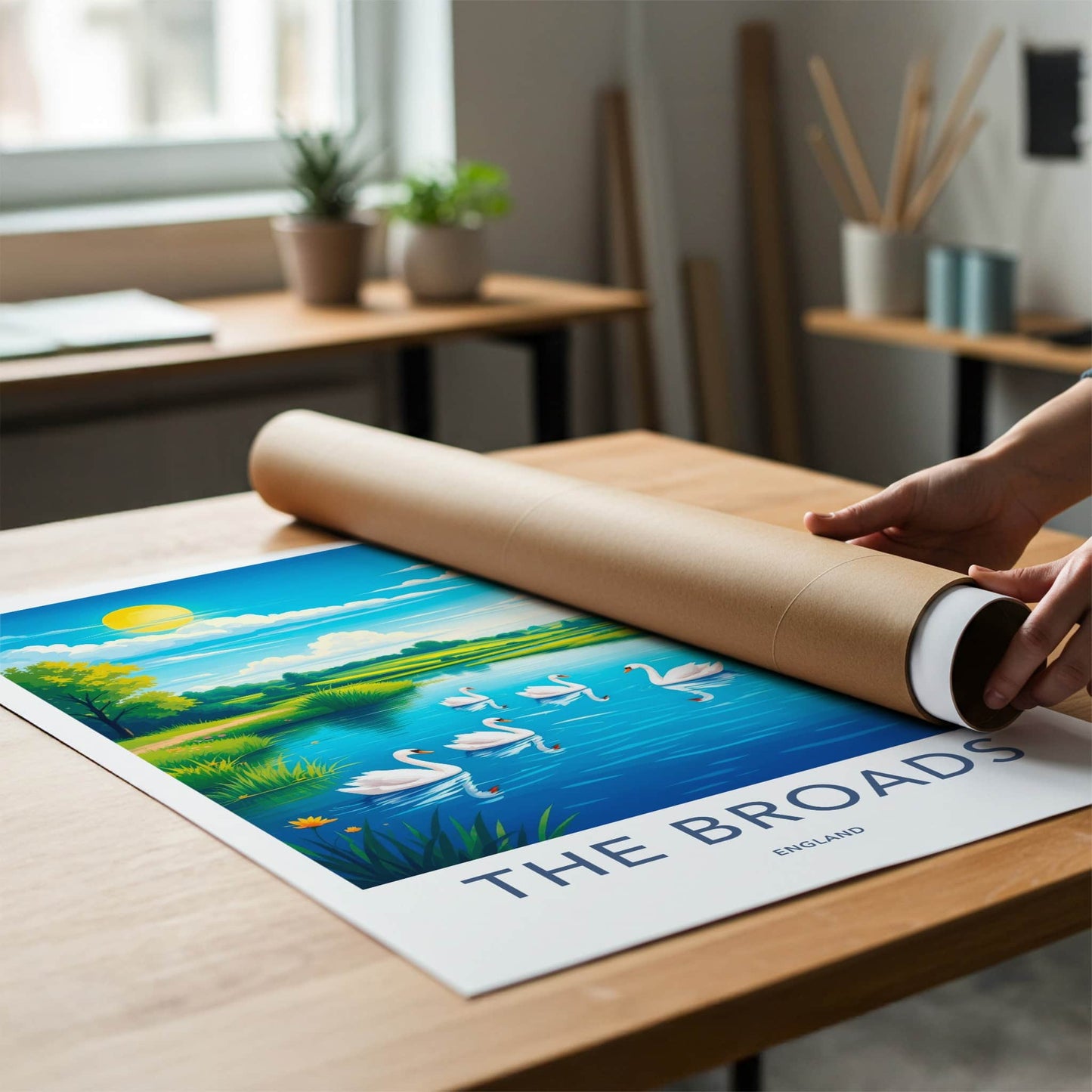THE BROADS Poster - England Travel Art - Swans Blue Lake Home Decor
