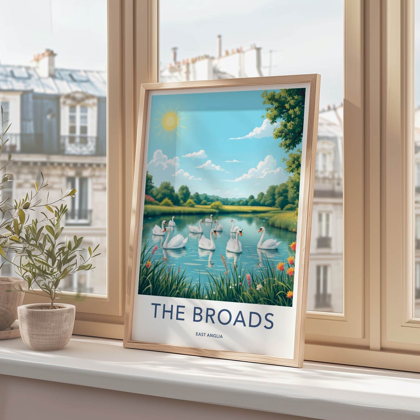 The Broads Poster - England Travel Art - Swans Floating Pond Wall Decor